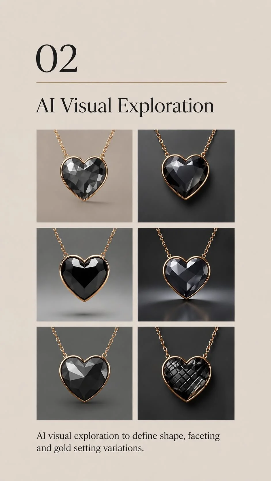 AI visual exploration for the Roveliane Noir Heart pendant, comparing six black heart shapes, faceting styles and gold settings.