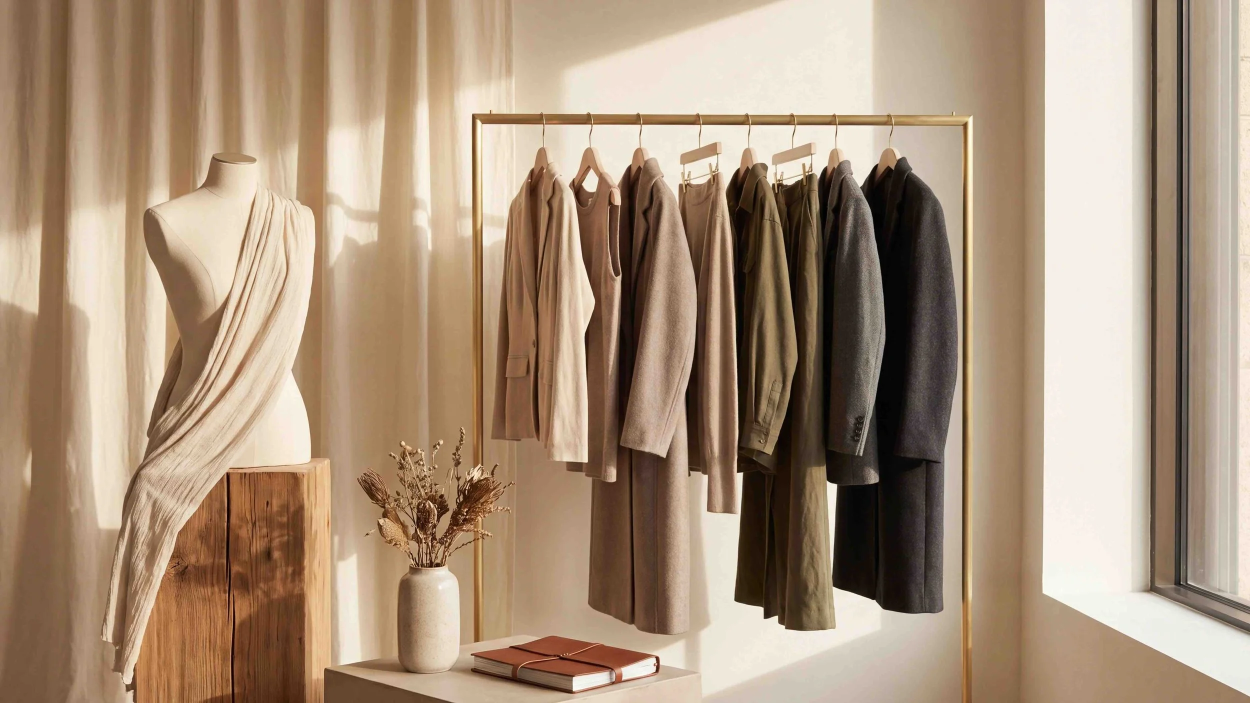 A clothing display featuring a mannequin dressed in a cream-colored dress with draped fabric, a row of men's jackets and coats in neutral tones hanging on a gold clothing rack near a window, with a potted plant on a wooden stand and notebooks on a small table nearby.