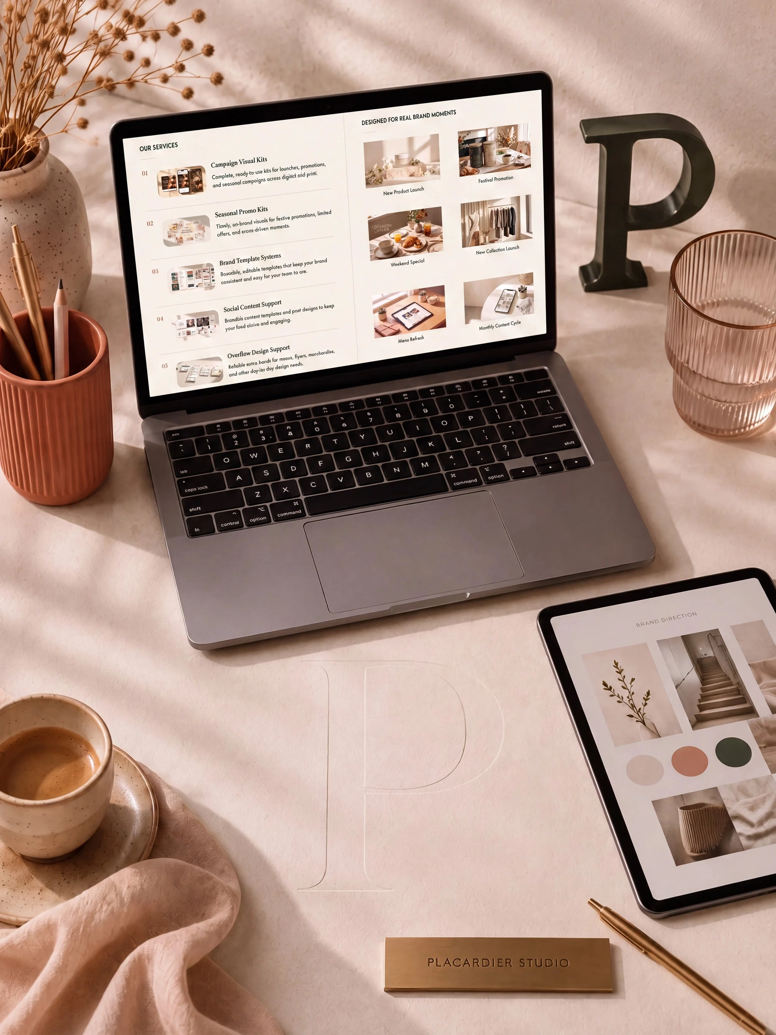 Laptop displaying a website with services and images, surrounded by a pink cup with pens, a glass tumbler, a beige cloth, a gold pen, a tablet, a decorative gold box with 'PLACARDIER STUDIO' written on it, a black letter 'P' decoration, and a beige textured background with dried flowers.