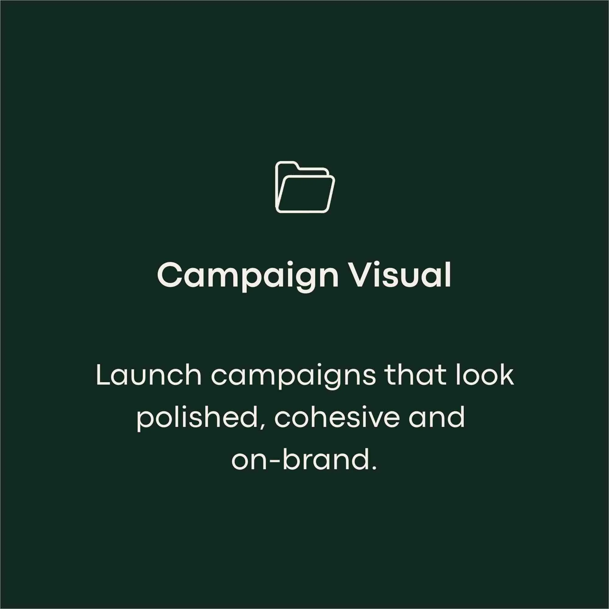 Dark green background with white outline of a folder icon and white text about campaign launch strategies.