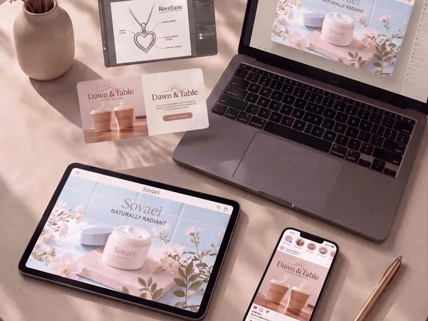 A workspace with a laptop, tablet, smartphone, a pen, a plant in a beige vase, and promotional materials for Sovaei skincare, including a printed card, a brochure on the laptop, and a digital display on the tablet.