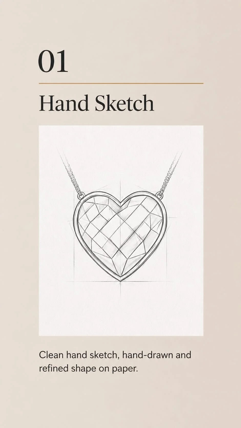 Hand-drawn concept sketch for the Roveliane Noir Heart pendant, showing its faceted heart shape and gold setting.
