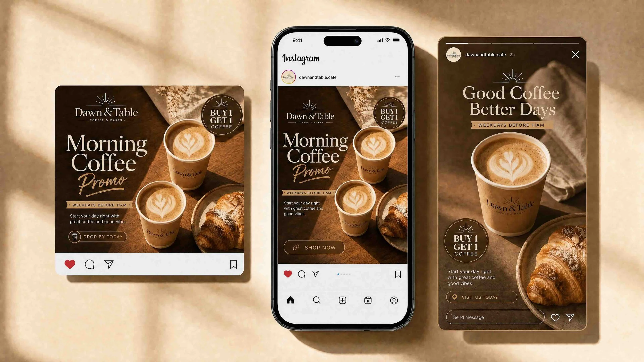 Promotional flyer and social media ads for Dawn & Table coffee and bakes, featuring images of coffee cups with latte art, croissants, and baked goods, with text promoting a buy one get one free coffee offer and describing the cafe's morning vibe.