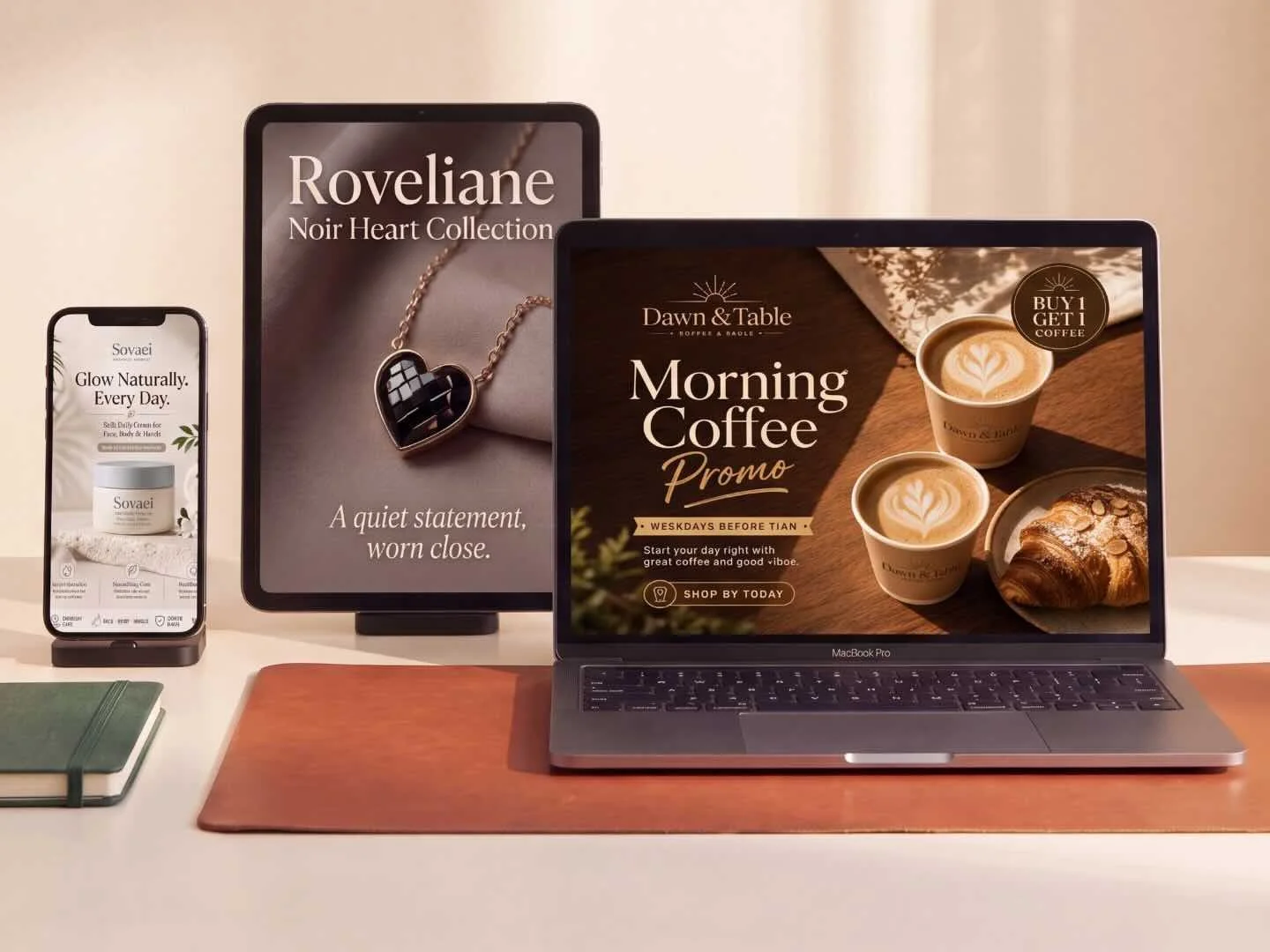 A workspace with a smartphone displaying skincare product, a digital sign with a necklace, and a laptop showing a coffee promotion for morning coffee, accompanied by two coffee cups and a croissant.