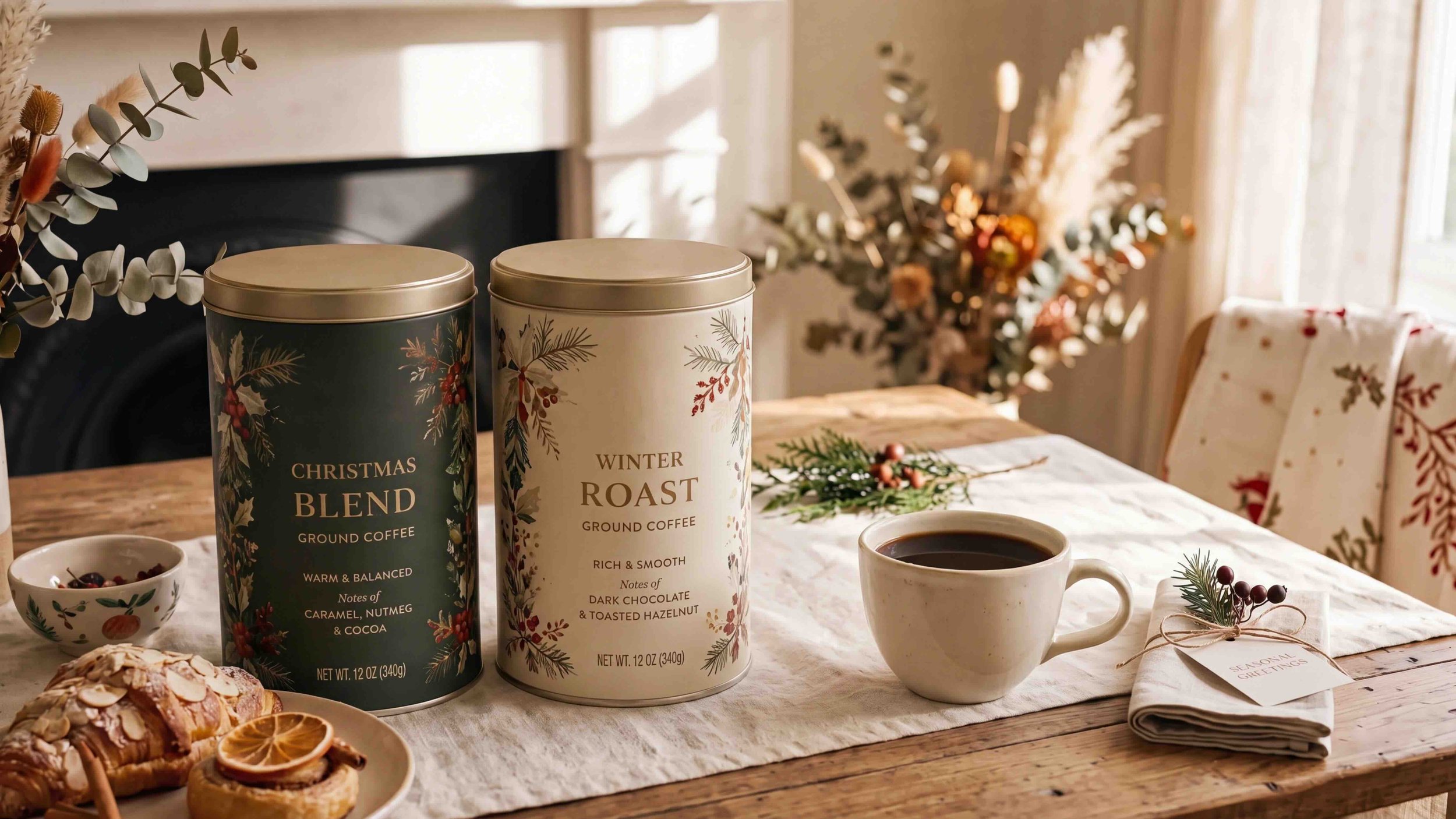 Two cans of ground coffee labeled 'Christmas Blend' and 'Winter Roast' along with a cup of coffee, a small bowl of berries, and Christmas decorations on a table in a decorated room.
