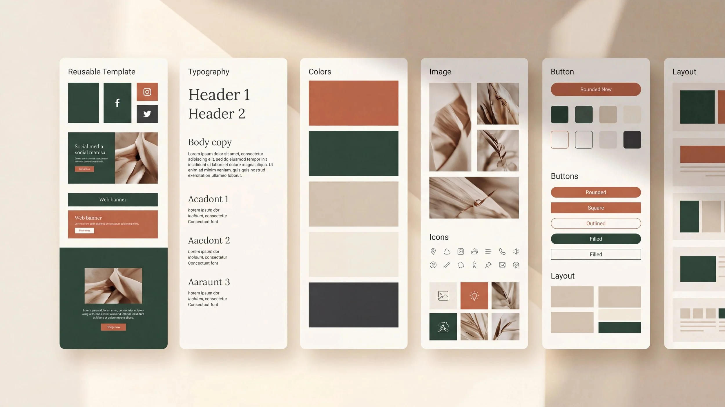 Design mockup with various layout elements, including headers, color swatches, images, icons, buttons, and text blocks, arranged to showcase a website or app interface design.