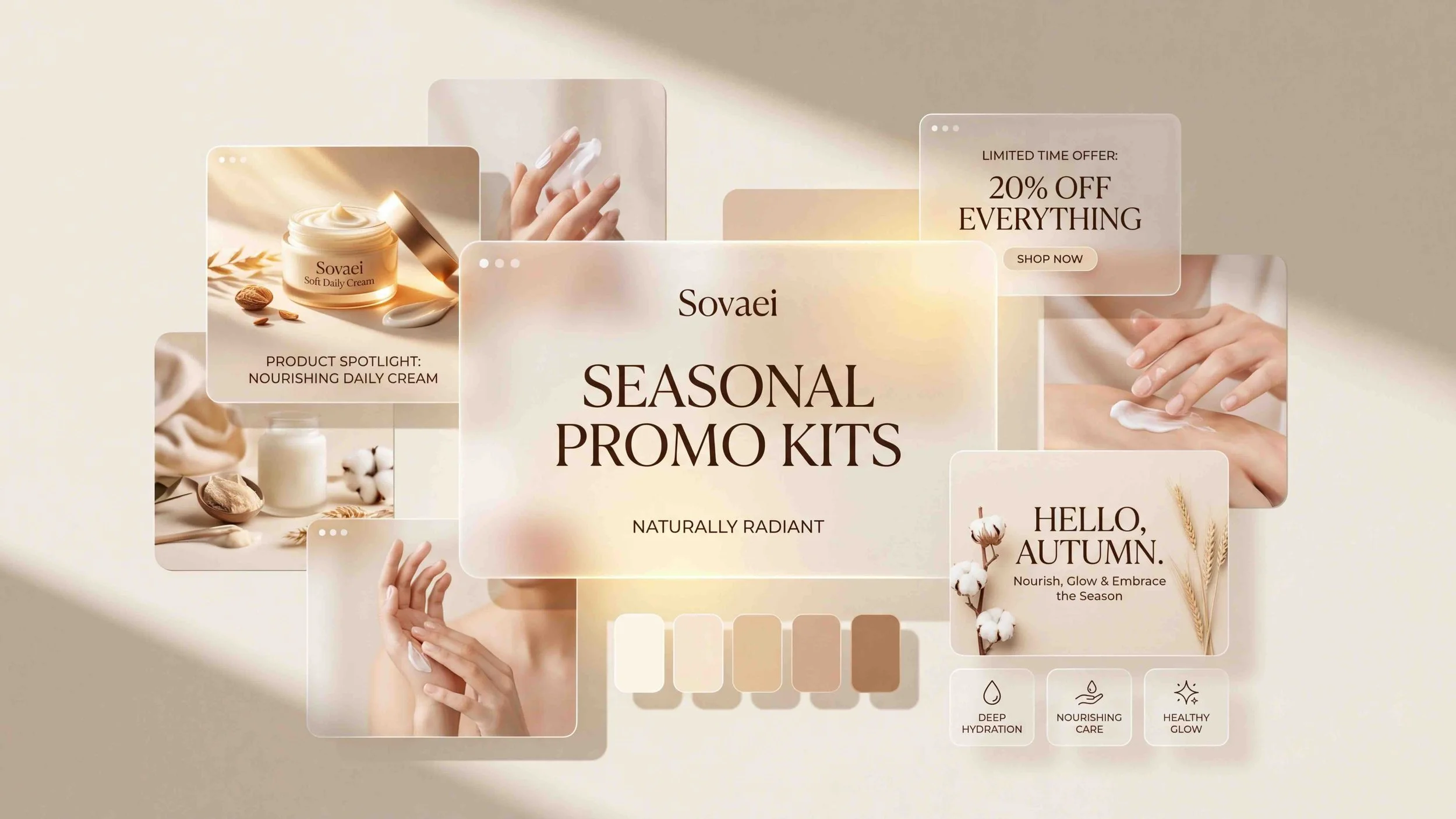 Promotional graphic for Sovaei seasonal skincare kits featuring images of skincare products, hands applying cream, and autumn-themed elements, with text highlighting discounts and product benefits.