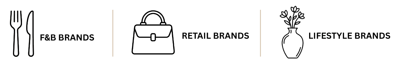 F&B, retail and lifestyle brand categories represented by simple line illustrations.