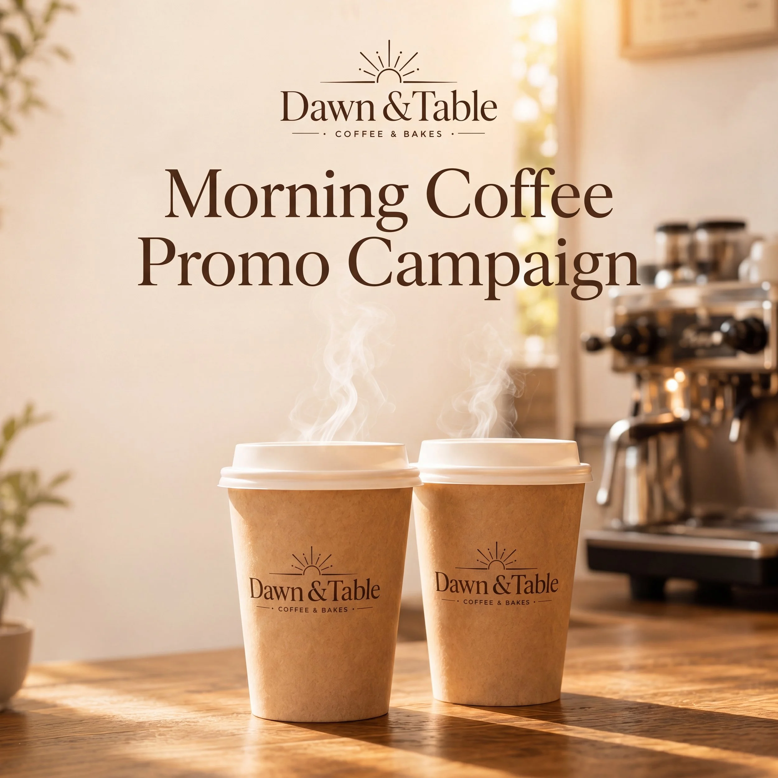 Two coffee cups with Sunrise & Table branding on a wooden table, with a blurred cozy cafe background.
