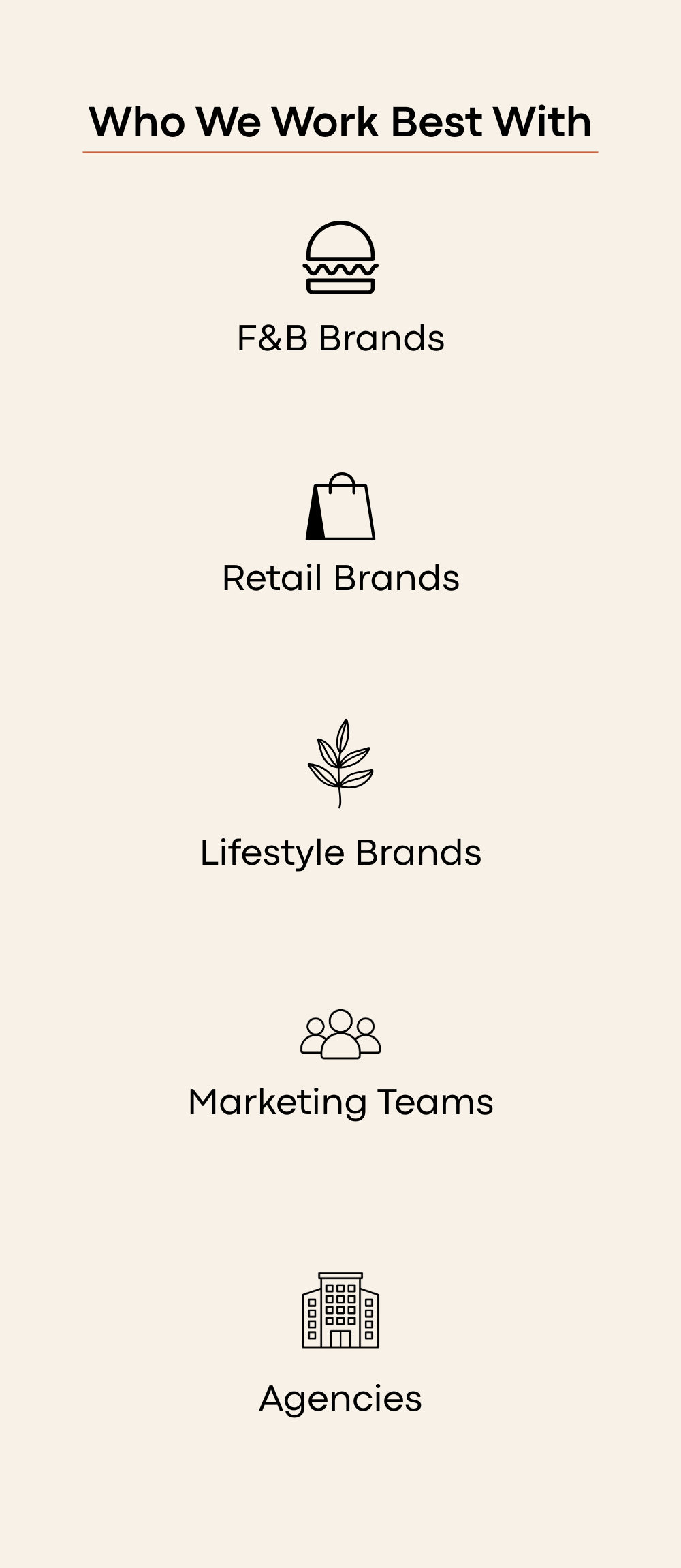 List of brand categories with icons: burger for F&B Brands, shopping bag for Retail Brands, plant for Lifestyle Brands, group of people for Marketing Teams, building for Agencies.