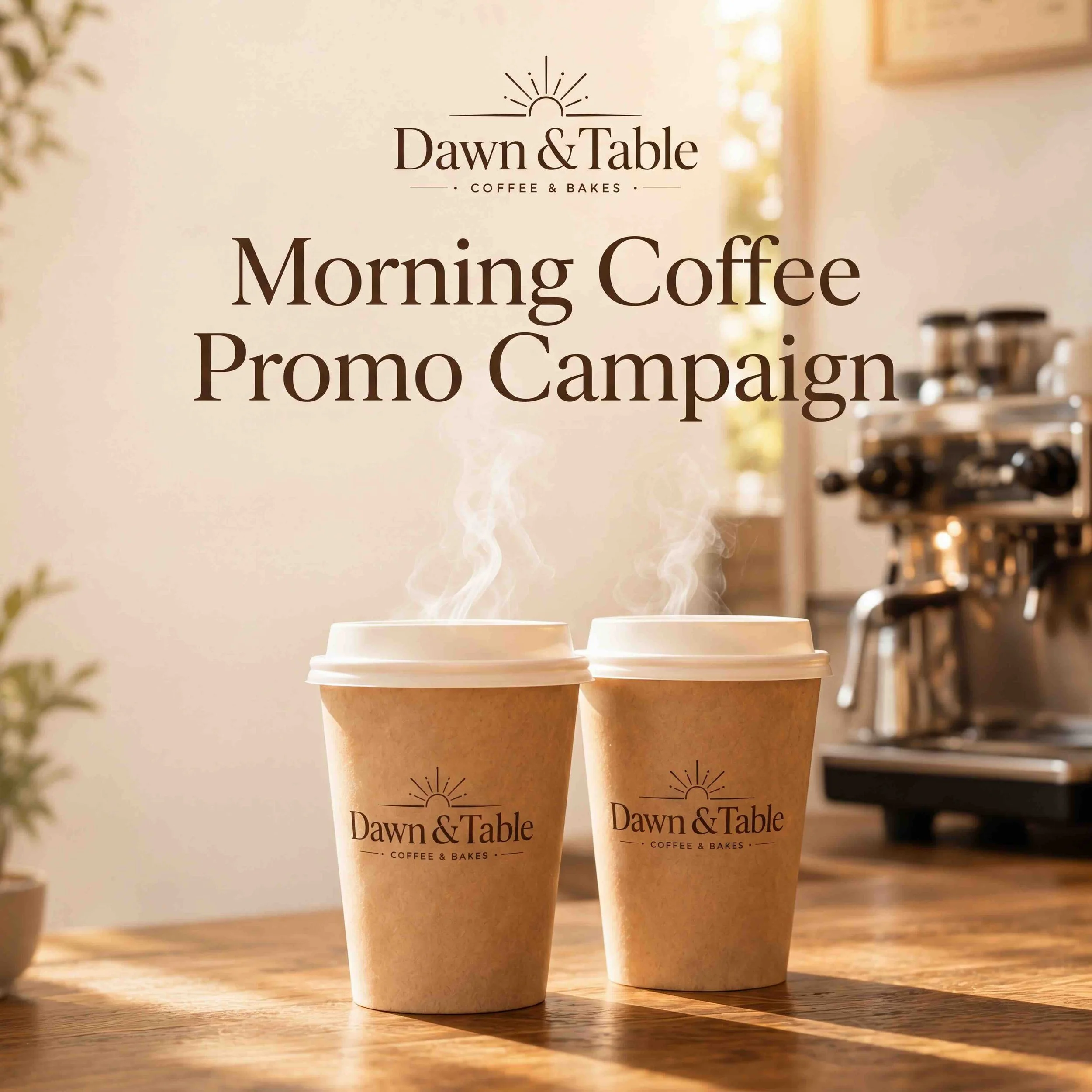 Dawn & Table morning coffee campaign featuring two takeaway cups in a warm sunlit café setting.