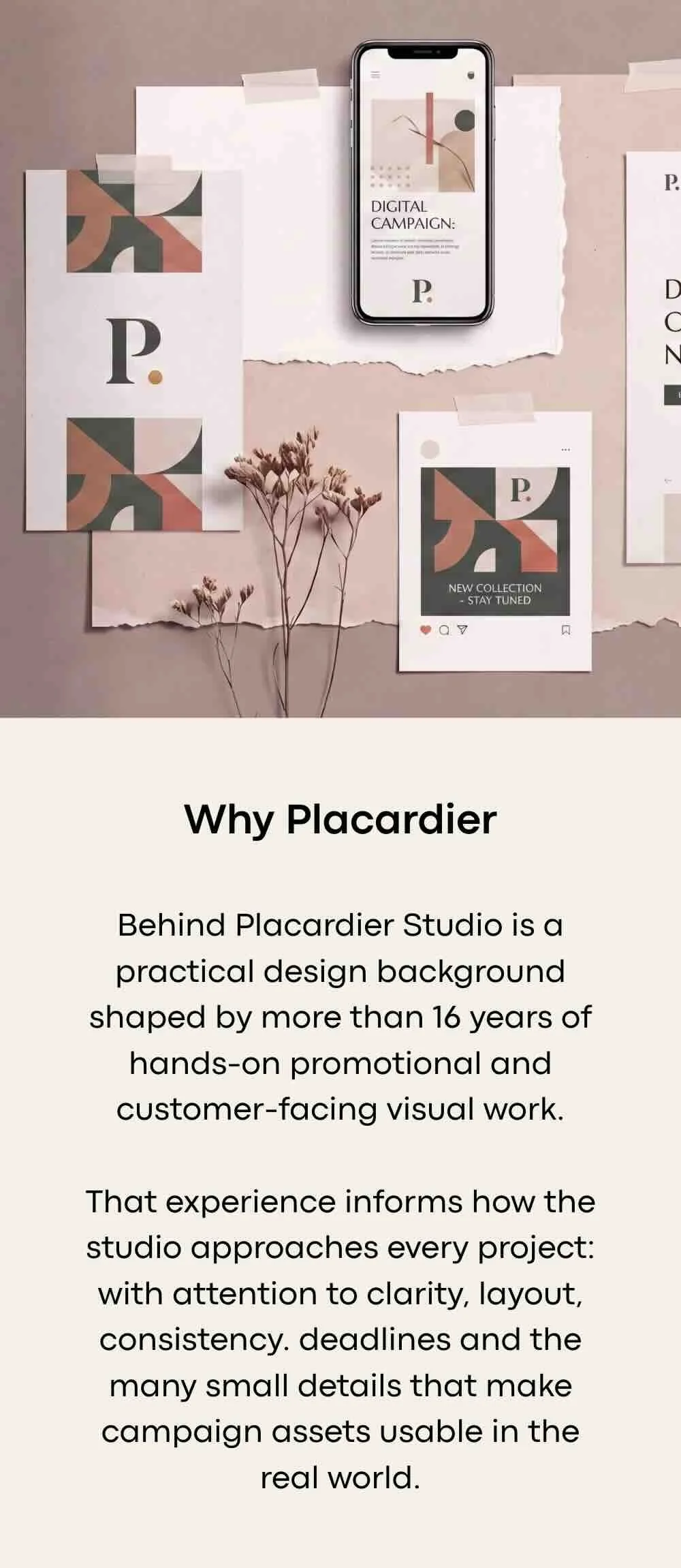 Presentation about Placardier with promotional materials and smartphone visible on a beige background, decorated with dried flowers.