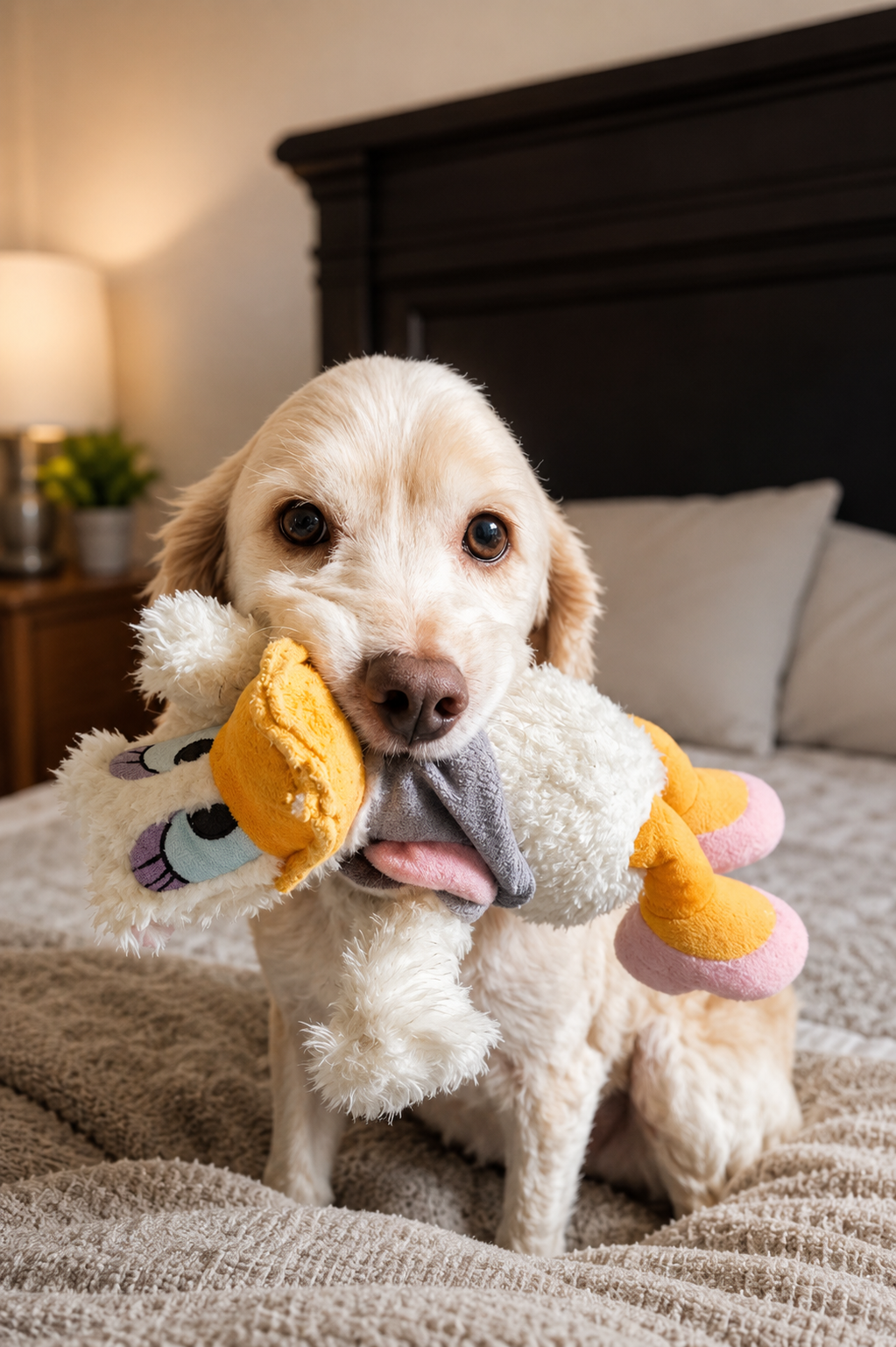 A cute light-colored puppy with brown eyes, holding a plush stuffed animal in its mouth, sitting on a bed in a cozy bedroom with a dark wooden headboard, beige bedding, a nightstand, and a lamp in the background.
