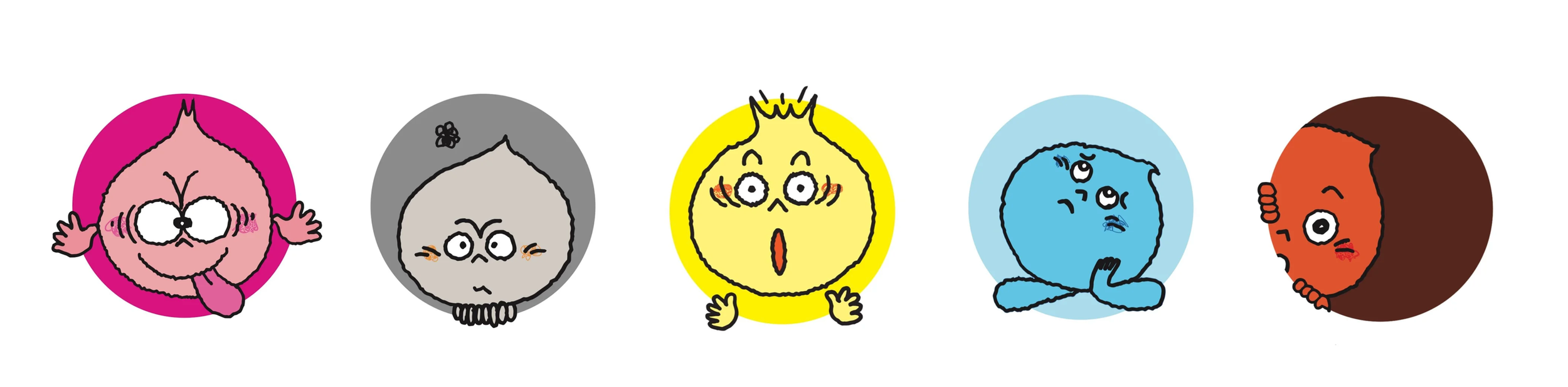 Five cartoon characters with different facial expressions and colors, arranged in a row.