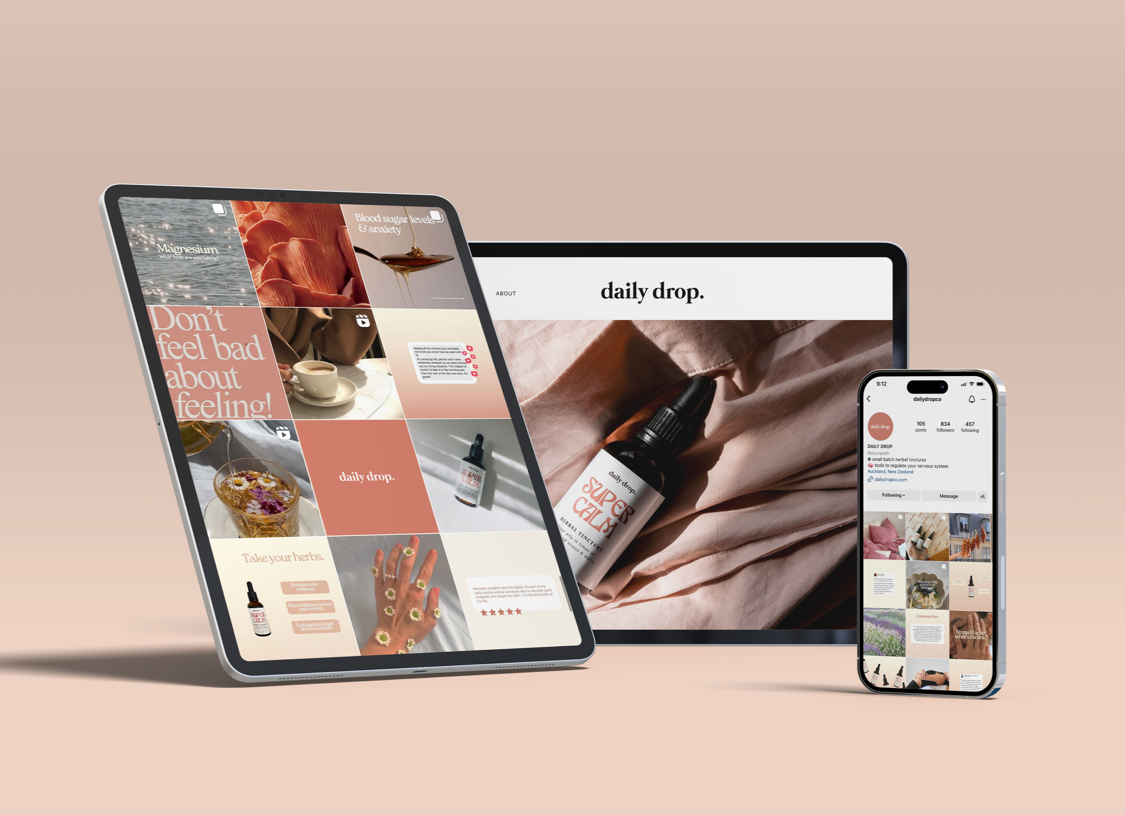 A digital collage featuring multiple electronic devices displaying social media posts, e-commerce content, and lifestyle images, arranged on a soft beige background.