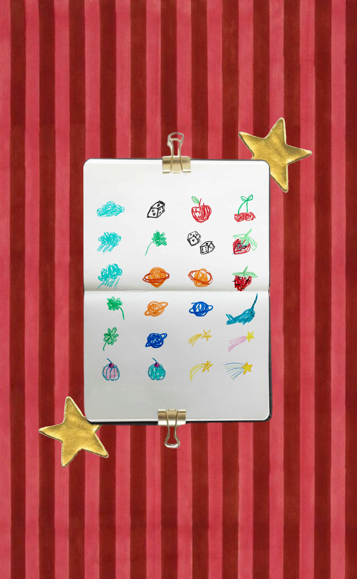 Colorful hand-drawn images of various objects, including fruits, vegetables, animals, and other shapes, attached to a whiteboard with clips. The background is a red and pink striped fabric, with four gold star decorations in each corner of the image.