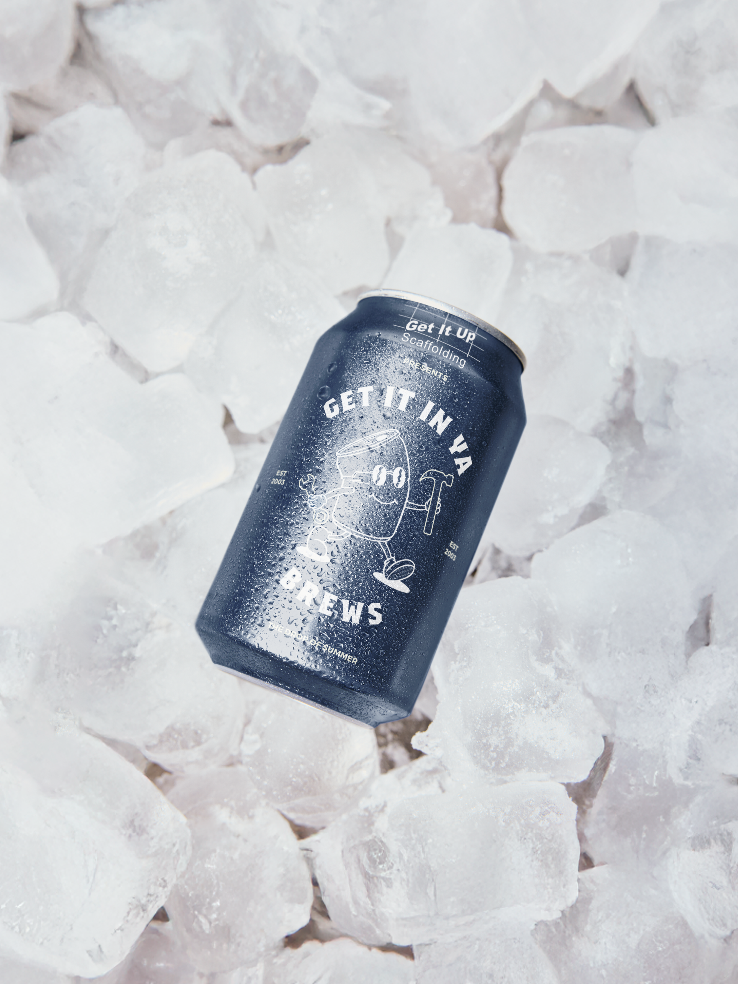 A black can named 'Get It In Ya', with white text and a cartoon character holding a hammer, lying on white ice cubes.