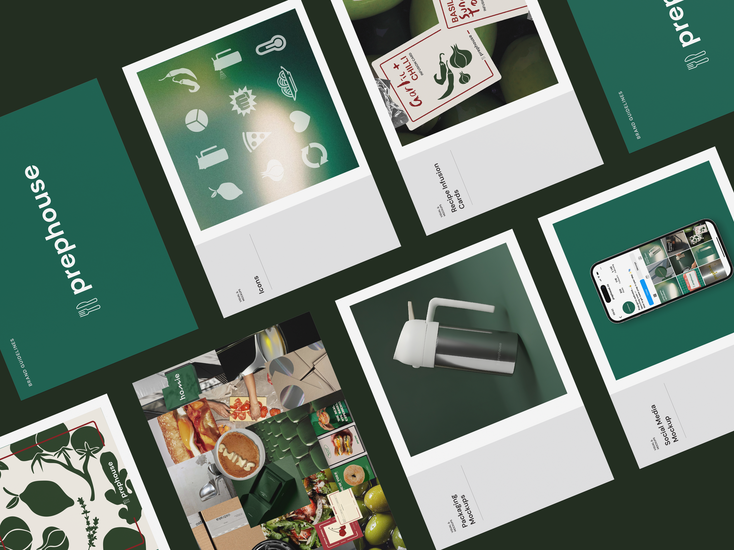 Mockup of a brand guideline presentation for a company called Pepperhouse, featuring icons, product images, and text about social media, packaging, and infusions.