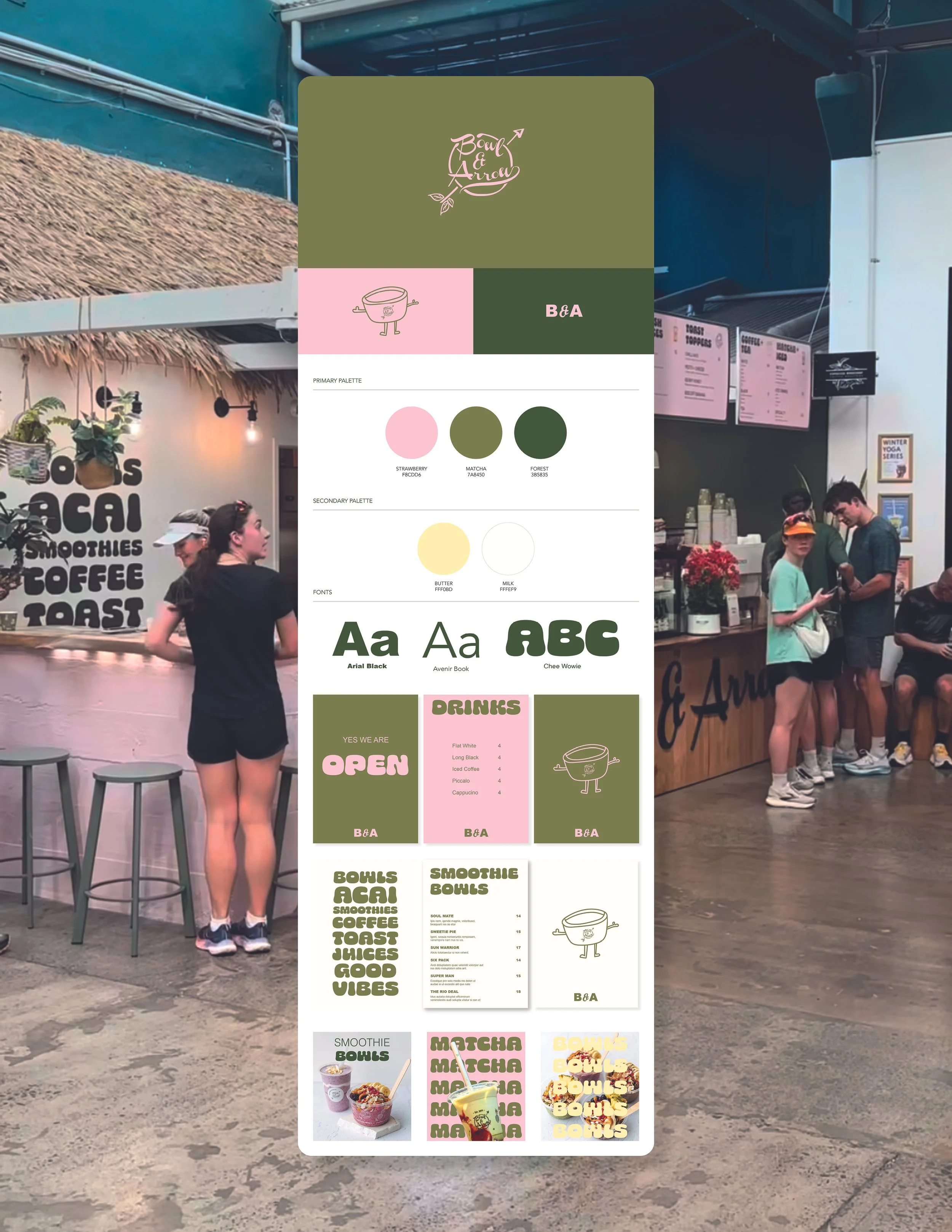 A collage of multiple design mockups for a cafe or drink shop, including logo ideas, color palettes, fonts, and menu items like smoothies, matcha, and bonus bowls, with images of customers at the counter and menu boards in the background.