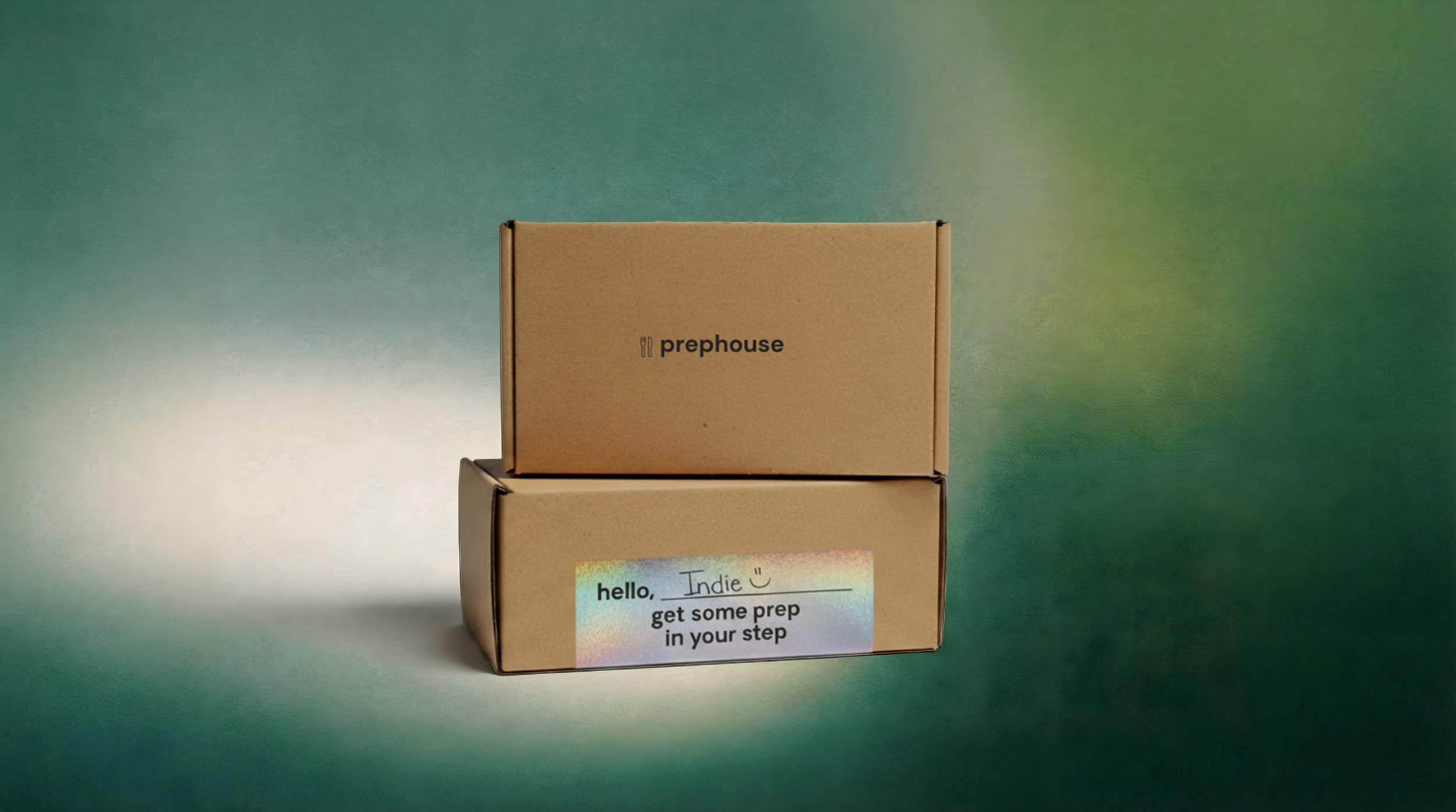 Two stacked cardboard boxes, the top box with a label that says "hello, Indie 🙂 get some prep in your step", and the word "prephouse" written on the top box.