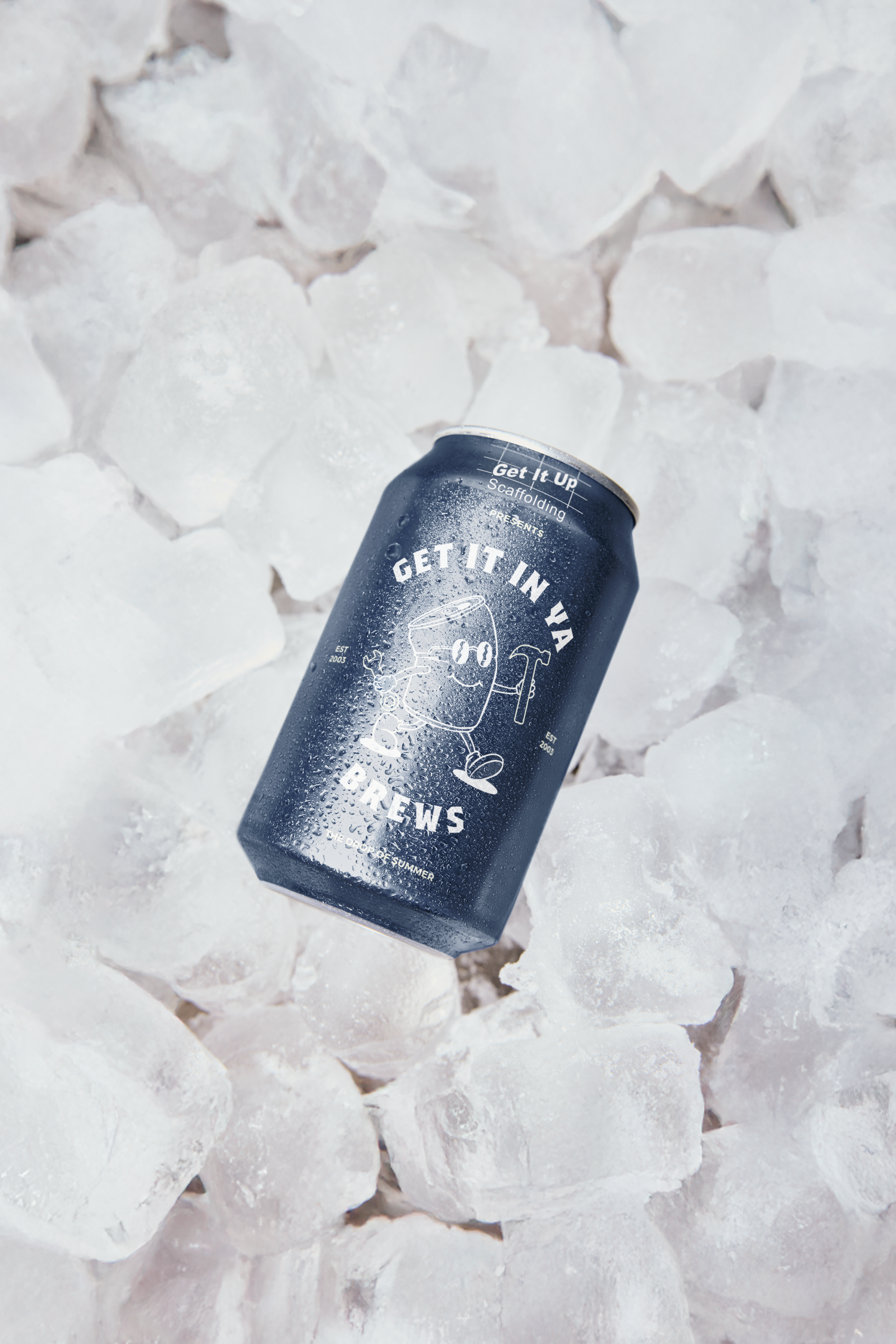 A can of Get It In Ya beverage lying on crushed ice.