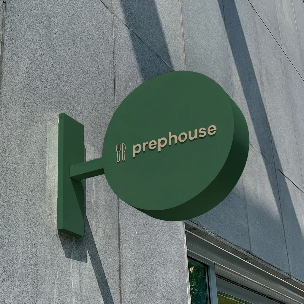 Green circular cafe sign on a gray building wall with the word 'prephouse' and a fork and knife icon.
