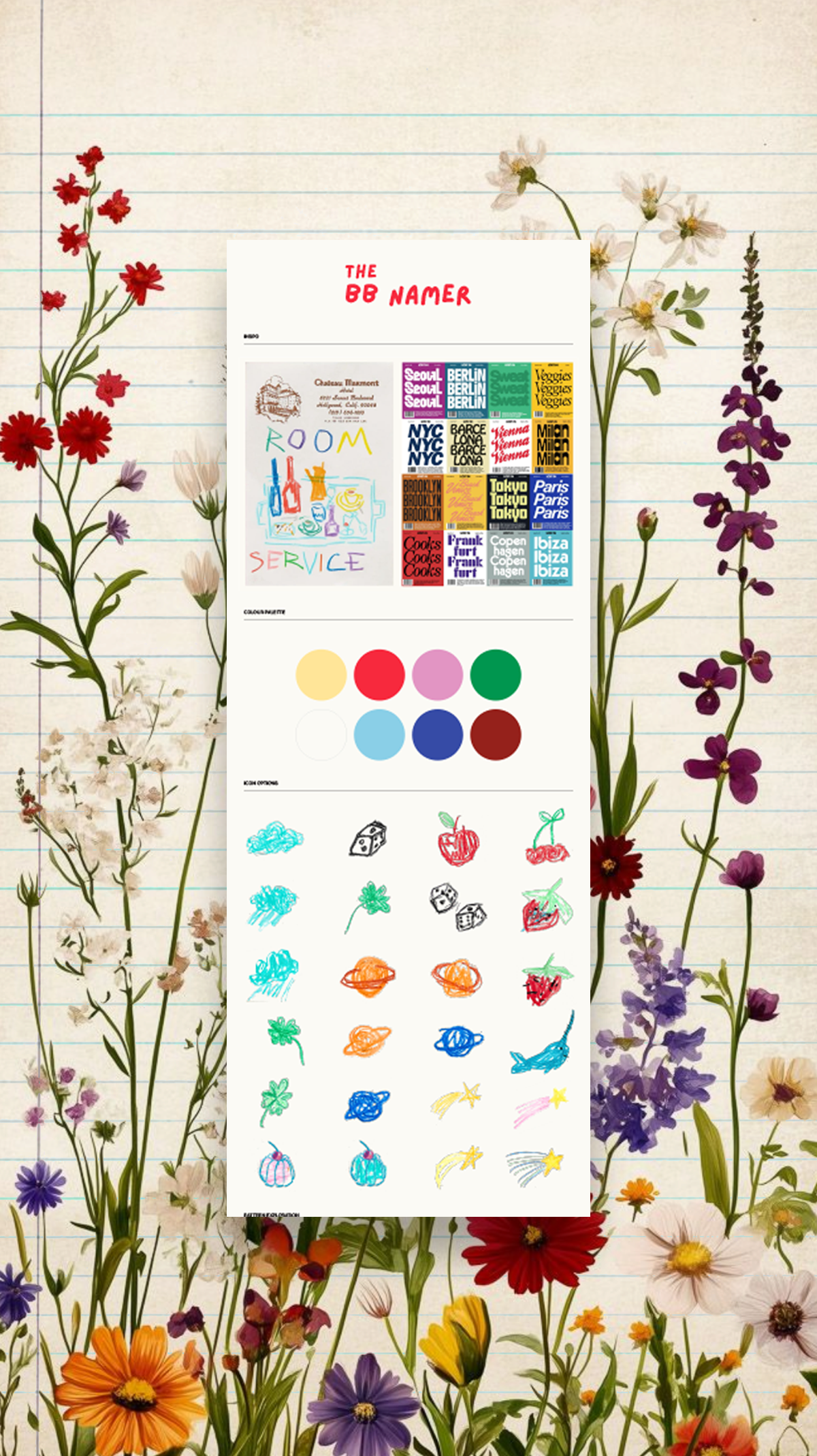 A floral background with various colorful flowers and a central graphic of a website or social media profile preview, including text and icons.