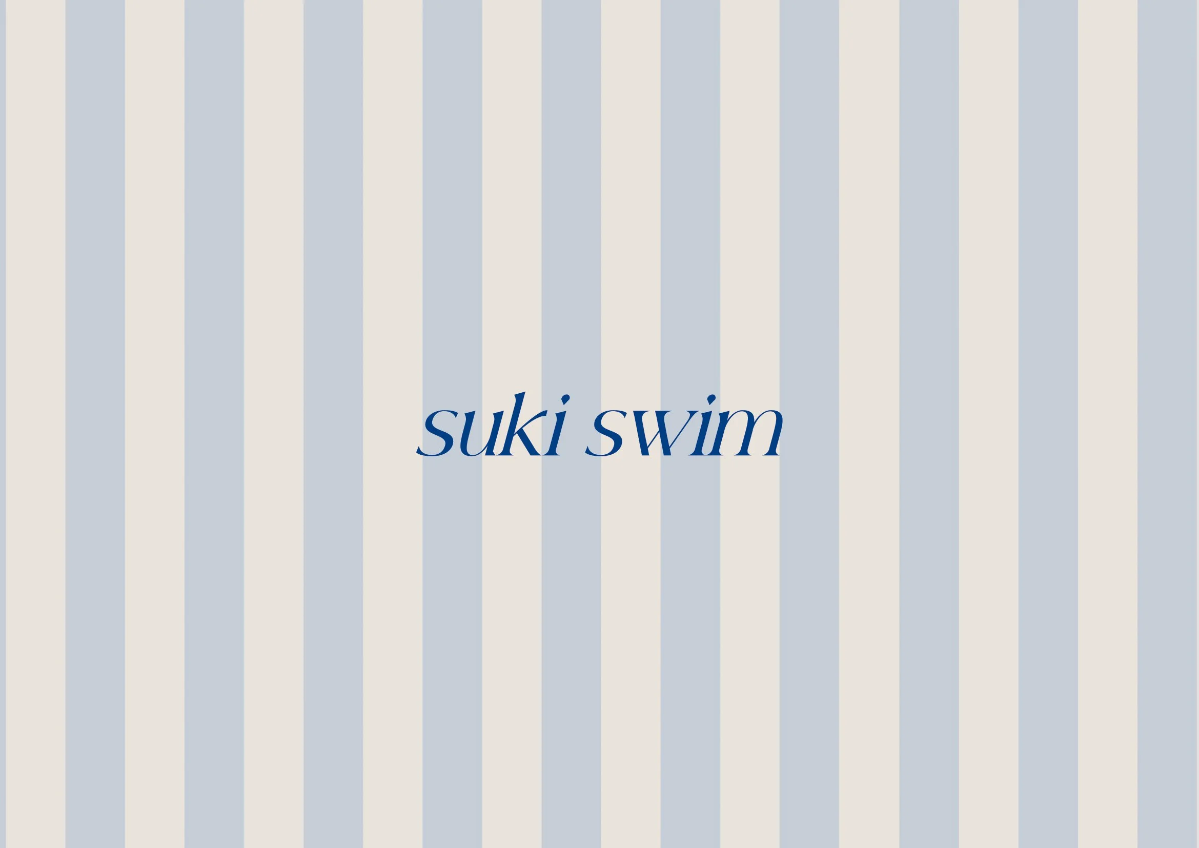 Text on a light-colored background with blue vertical stripes reads 'suki swim' in lowercase, italicized font.