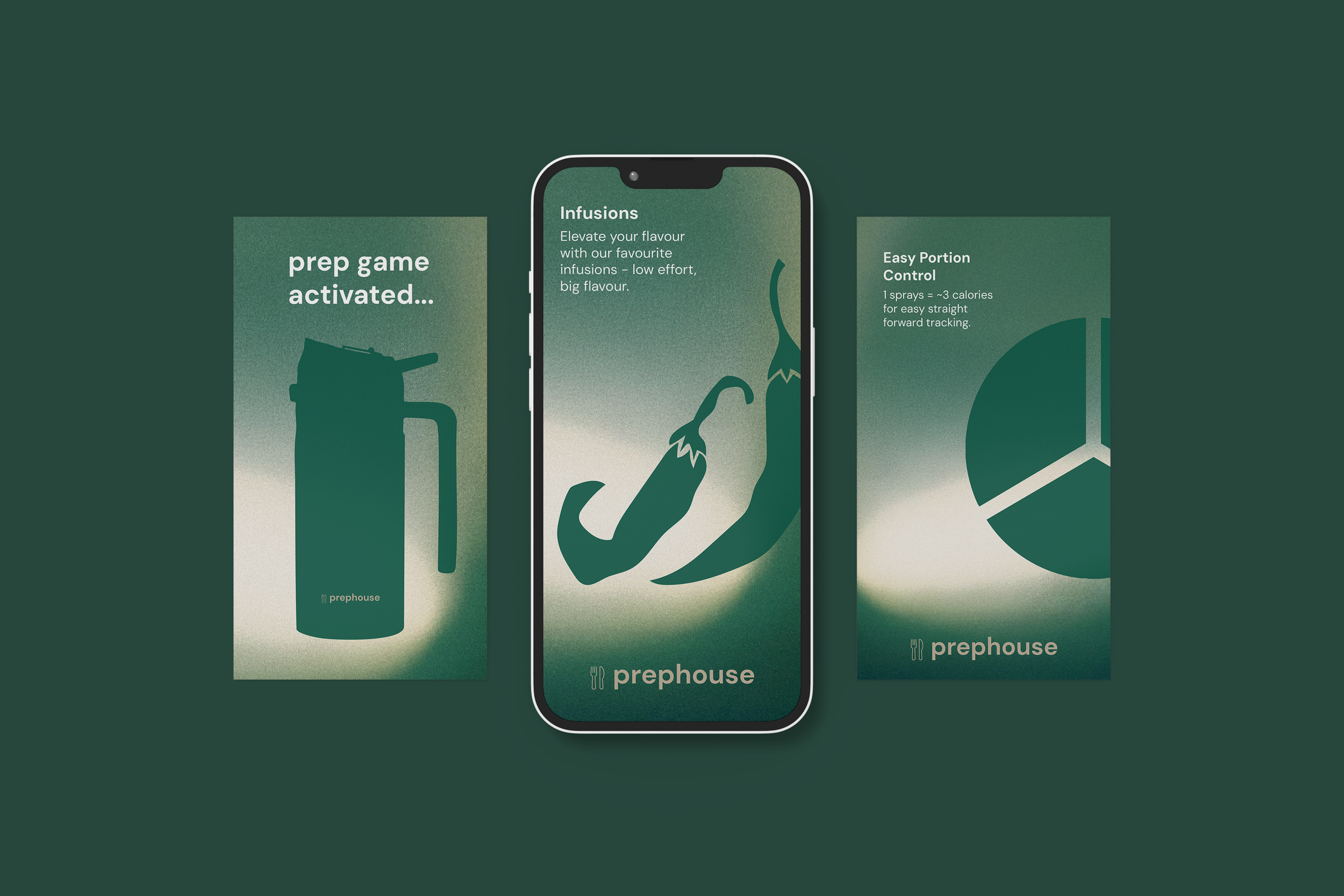 Graphic showing a smartphone with text about infusions and a lemon tree illustration. Surrounding panels promote a prep game, infusion, and portion control, all with the prephouse logo.