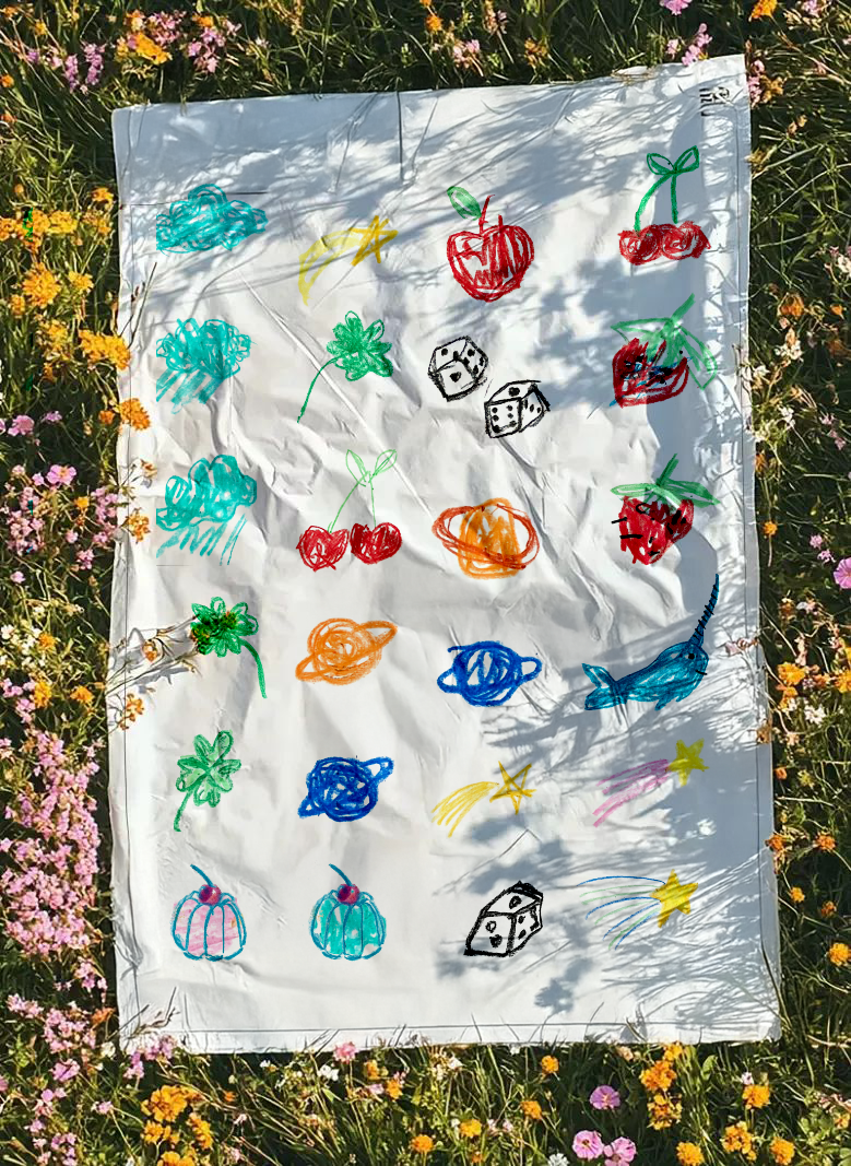 Colorful childlike drawings of various objects on a white sheet of paper outdoors, surrounded by pink and yellow flowers. Drawings include strawberries, cherries, pumpkins, dice, planets, stars, a shark, and other abstract shapes.