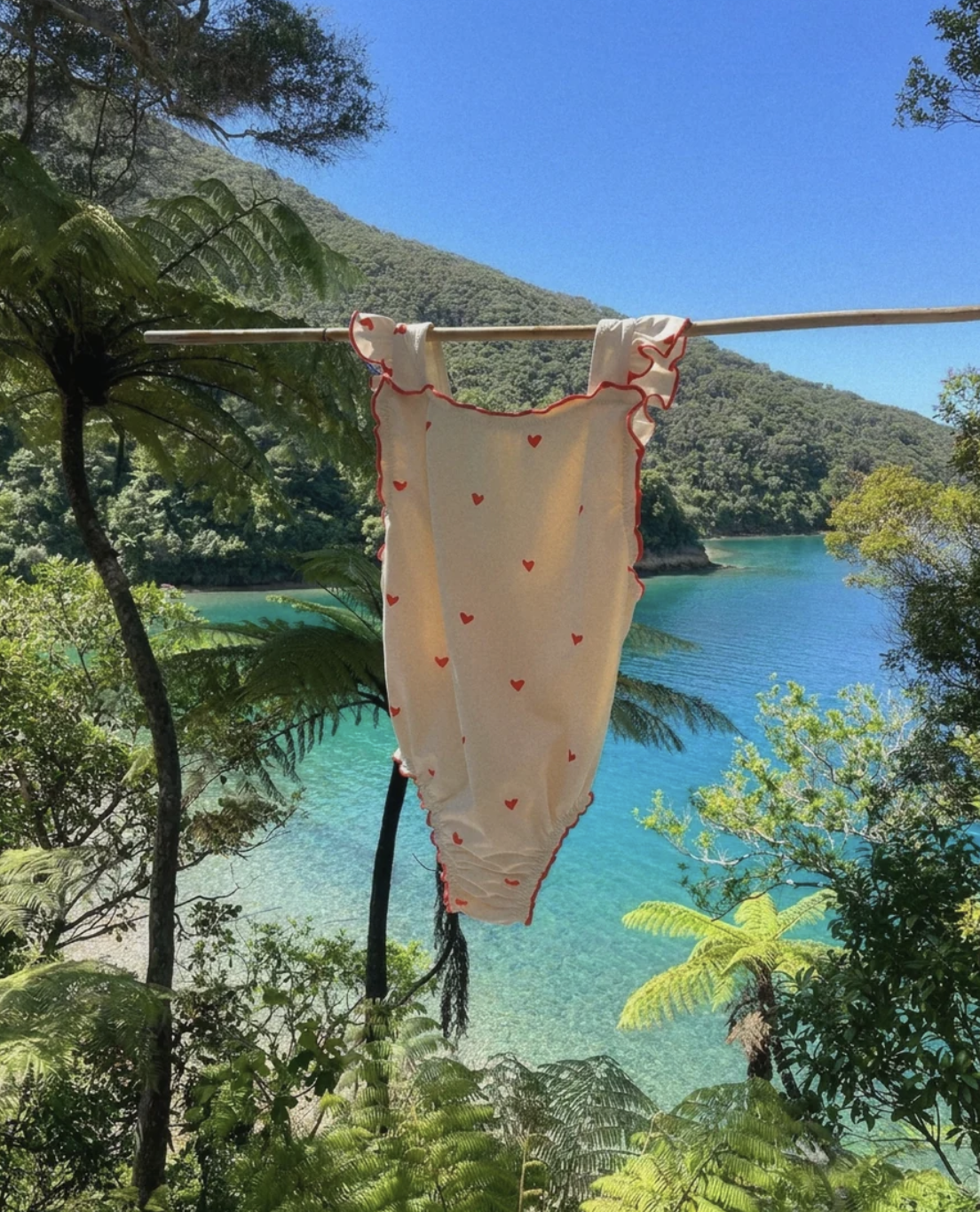 A pair of white underwear with red hearts hanging on a clothesline over a scenic tropical lake and lush green trees and mountains under a clear blue sky.