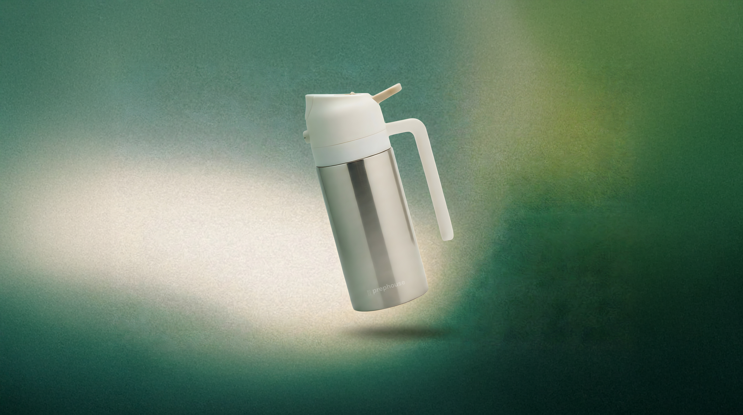 An electric milk frother with a white top and a silver body, floating against a gradient background of green and beige colors.