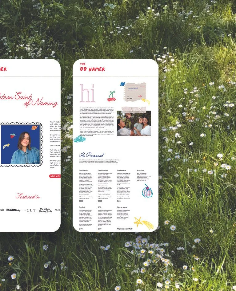 Brochure displayed on a grassy field with small white flowers. The brochure has a white background with colorful illustrations and text, including a photo of a woman and some kids, and sections labeled 'The BB Namer' and 'Its Personal.'