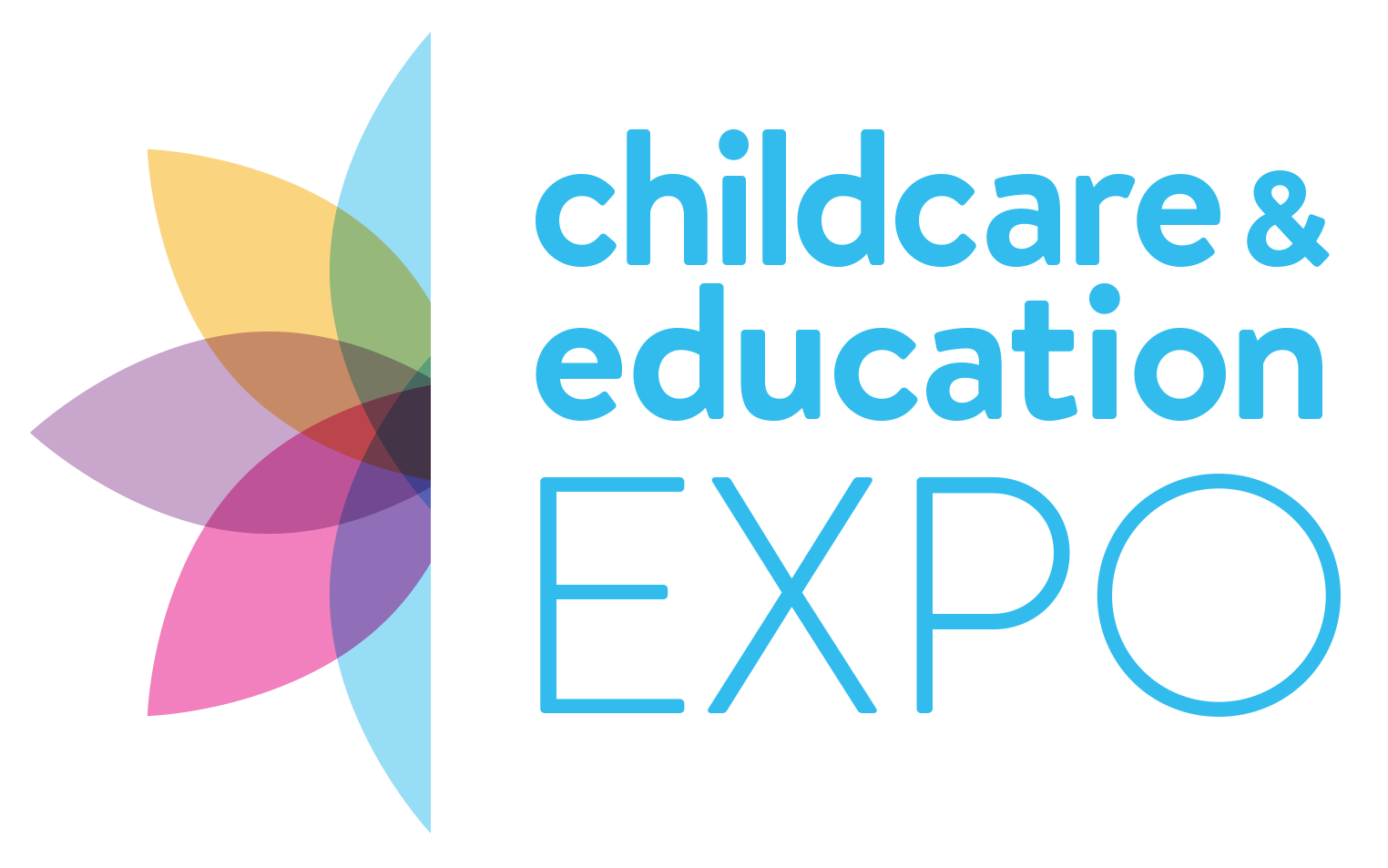 Logo for Childcare & Education Expo featuring multicolored overlapping petal shapes and blue text.