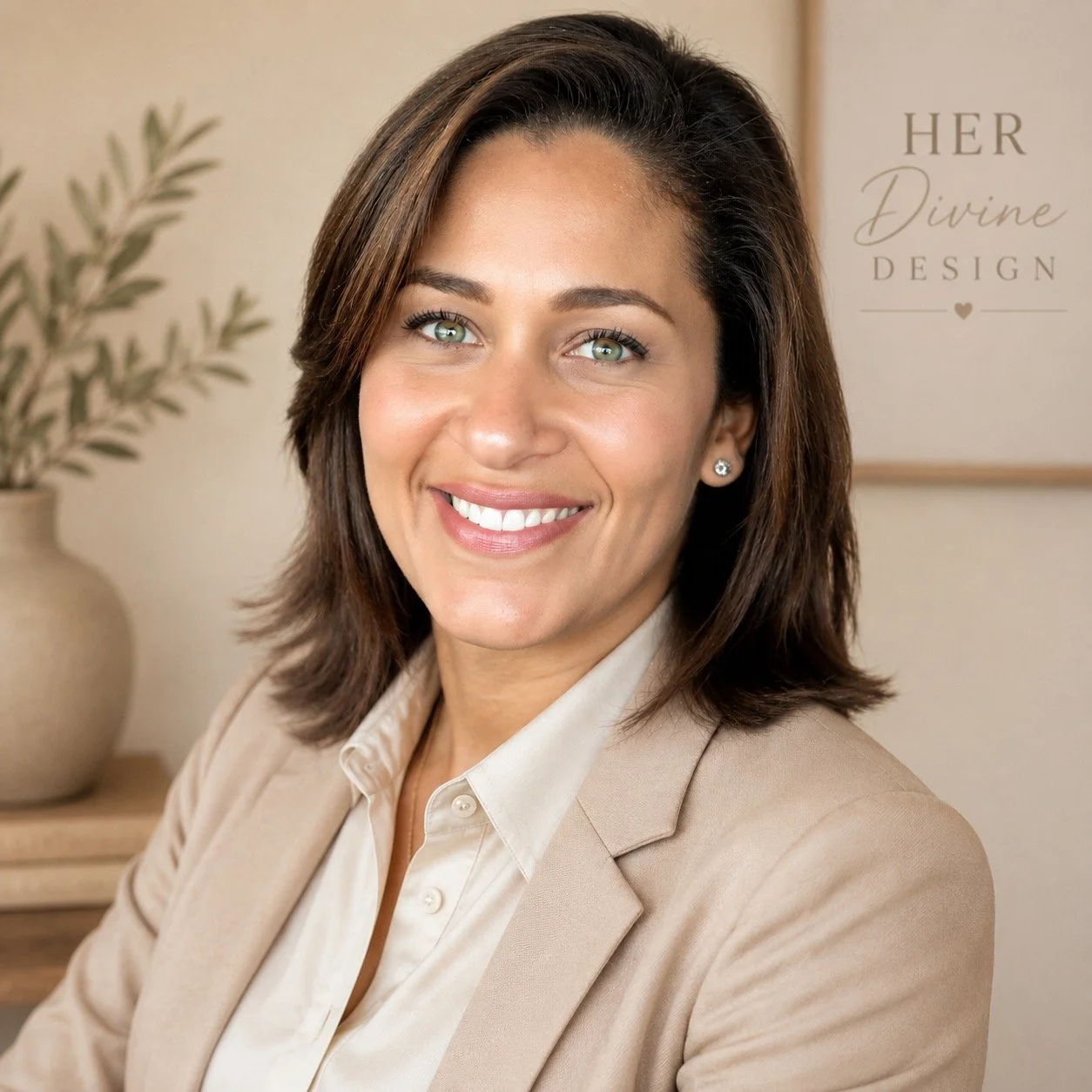 Portrait of a smiling woman with brown hair and green eyes, wearing a beige blazer and white shirt, with a plant and framed art in the background.