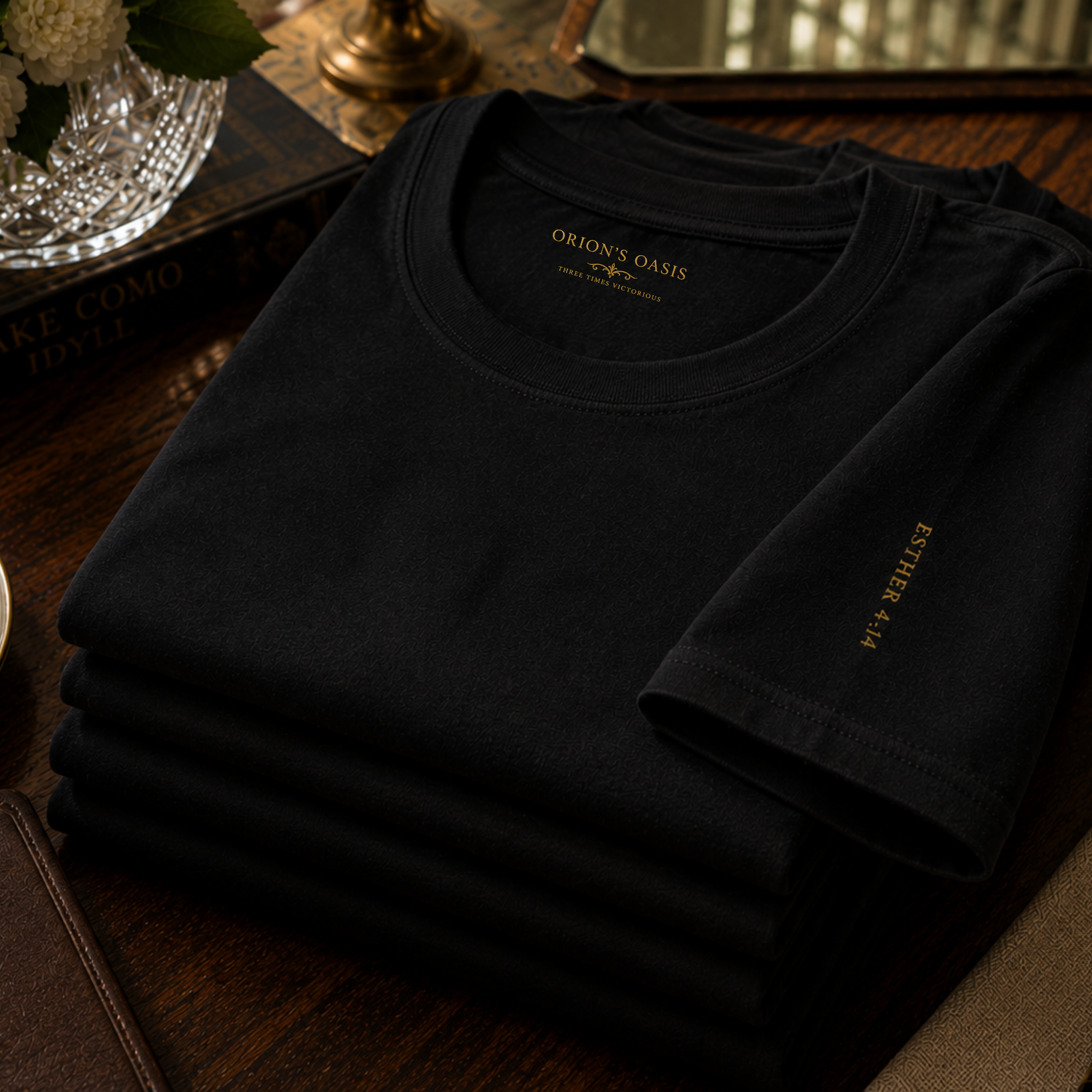 Oasis Creations Embroidered Christian T-Shirt | Esther 4:14 Sleeve Embroidery | Premium Bella Canvas+Canvas 3001 Unisex Tee