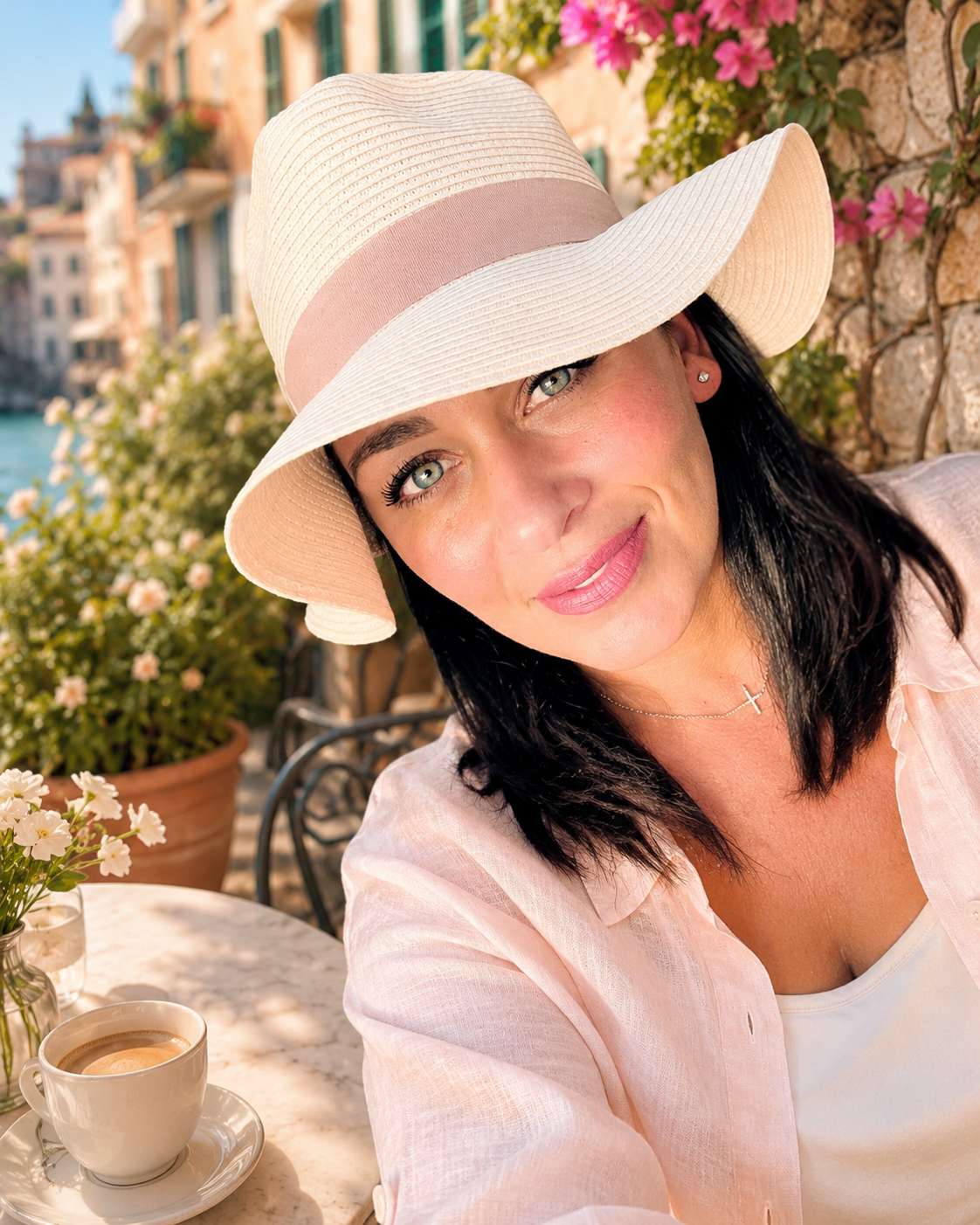 Woman wearing a wide-brimmed hat sitting at an outdoor cafe with flowers and buildings in the background.