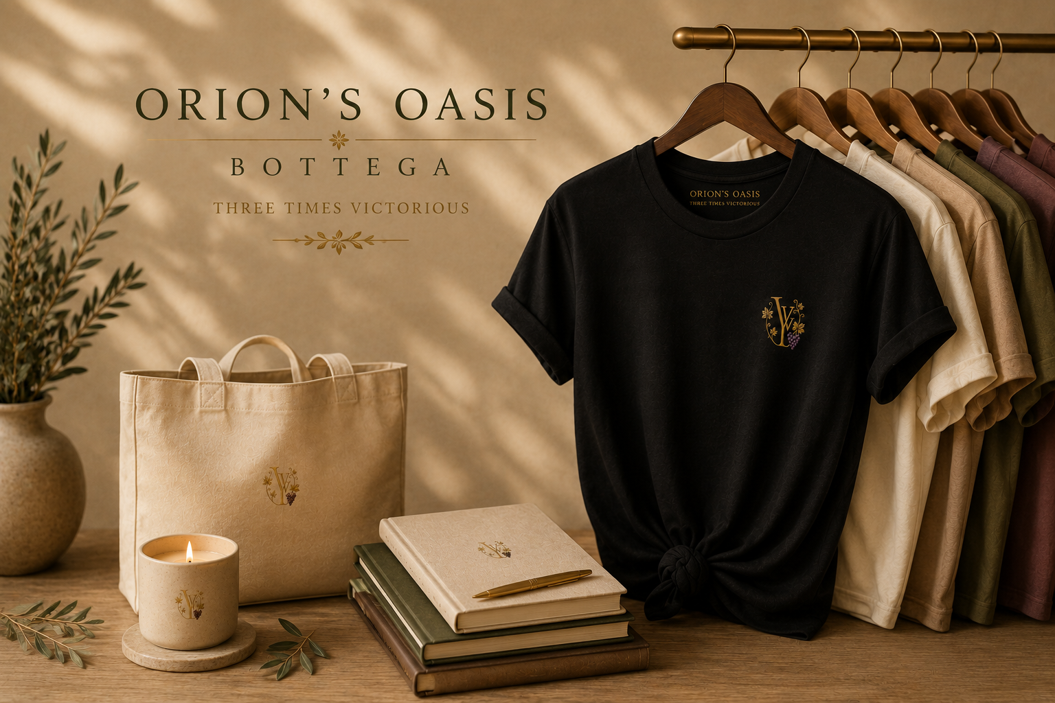 Clothing store display with a black T-shirt, beige, green, and purple T-shirts on hangers, beige tote bag, seasonal candle, and notebooks, with a plant in a vase and the text 'Orion's Oasis Bottega Three Times Victorious' on the wall.