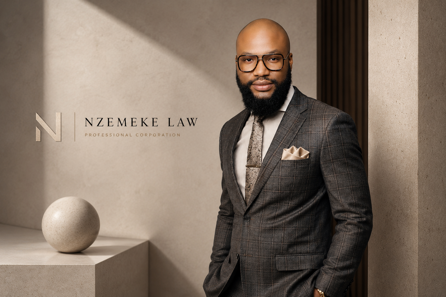 A man in a brown plaid suit with a beige pocket square and patterned tie, wearing glasses, standing against a beige textured wall with a logo and text for Nzeme Law Professional Corporation.