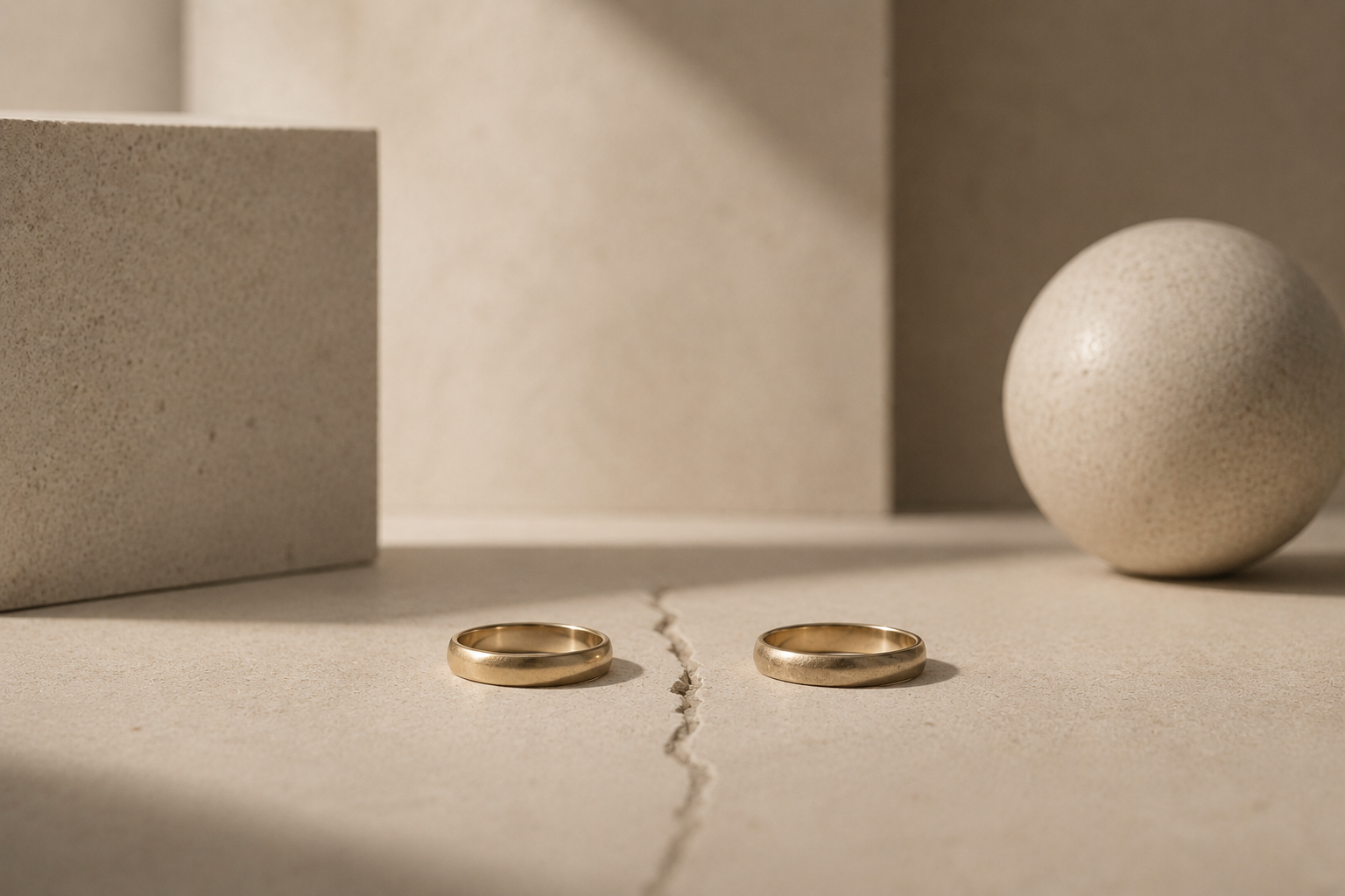 Two gold rings placed on a beige surface with geometric concrete blocks and a round stone sphere in the background.