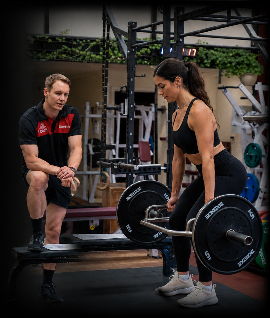 Women performing a deadlift with a barbell as a trainer instructs inside a gym.