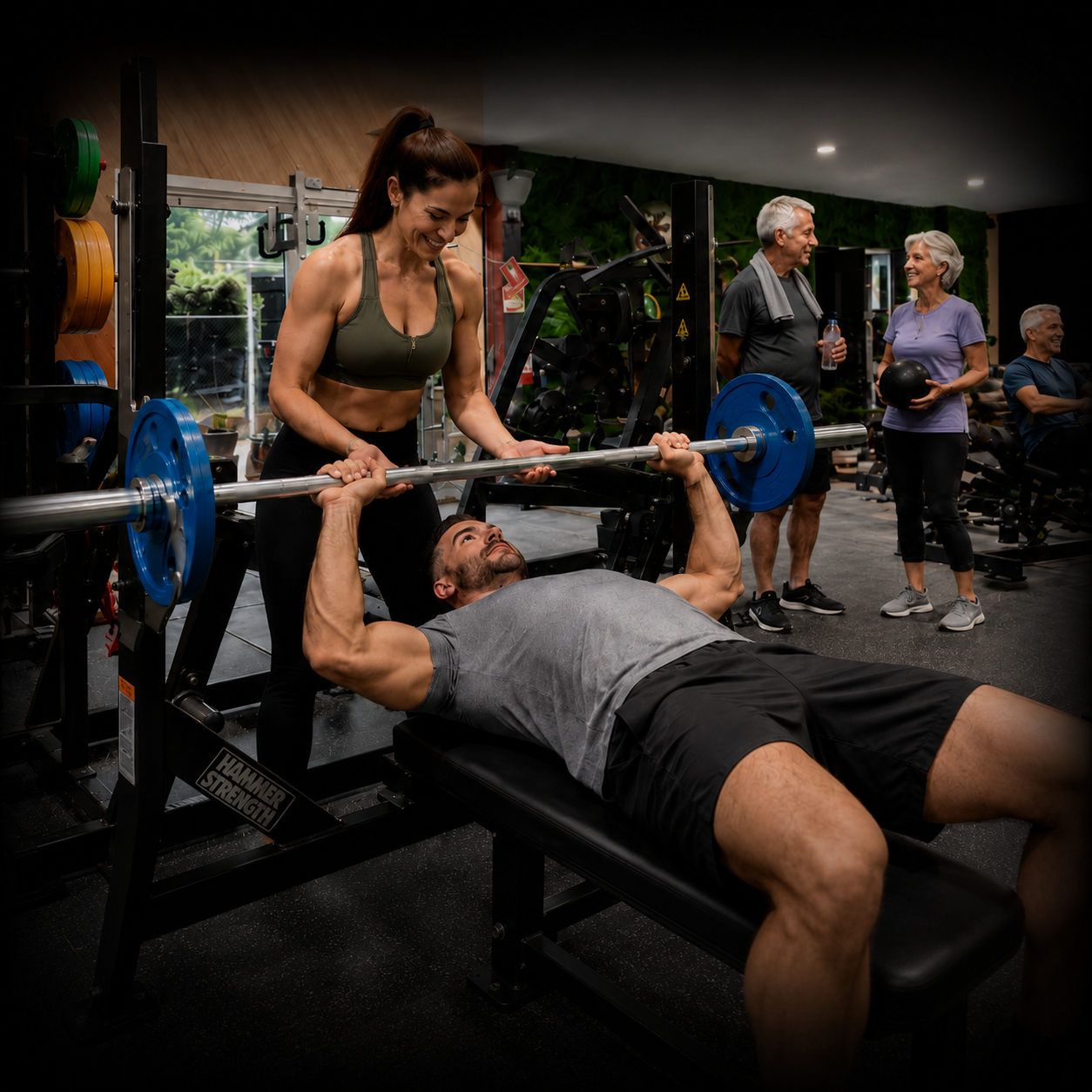 A woman spots a man lifting weights on a bench press in a gym, with other gym-goers in the background.