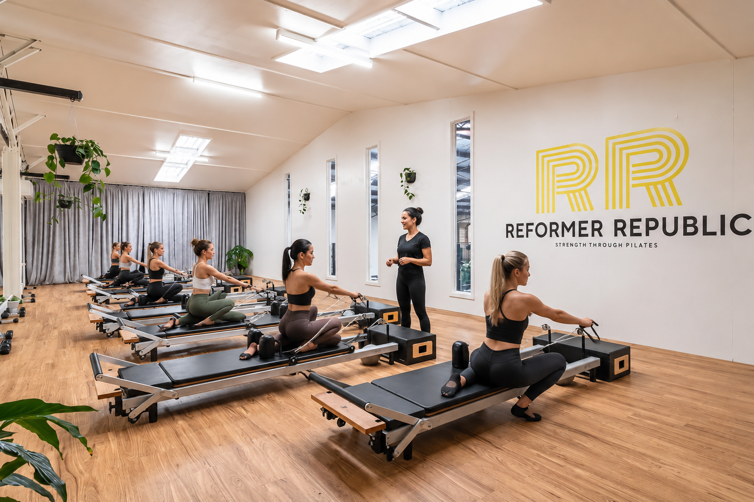 A group fitness class at Reformer Republic, with women using Pilates reformer machines while an instructor guides them in a bright, modern studio with wooden floors and plants.
