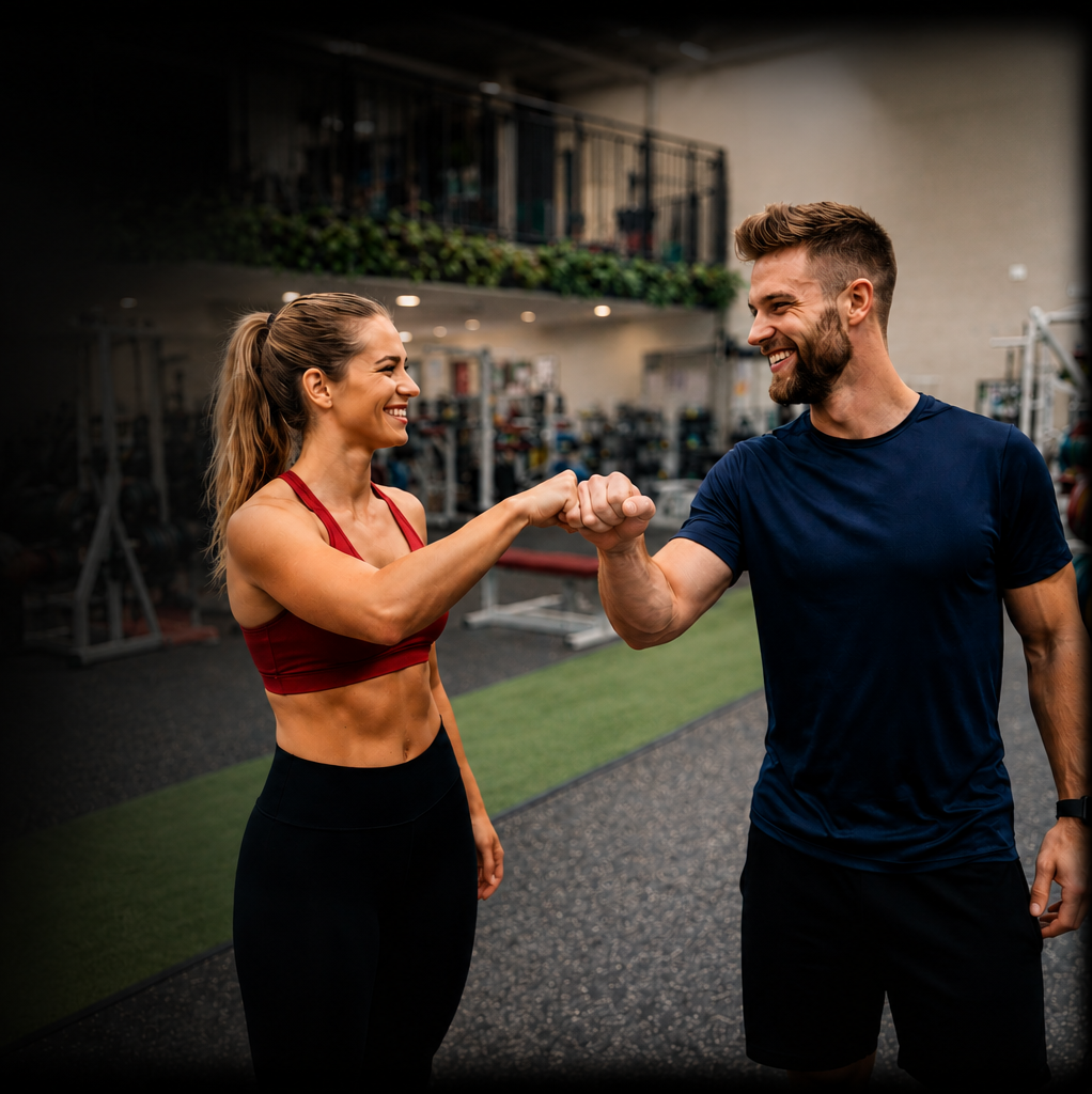 A man and woman high-fiving at the gym, both smiling, with gym equipment in the background.