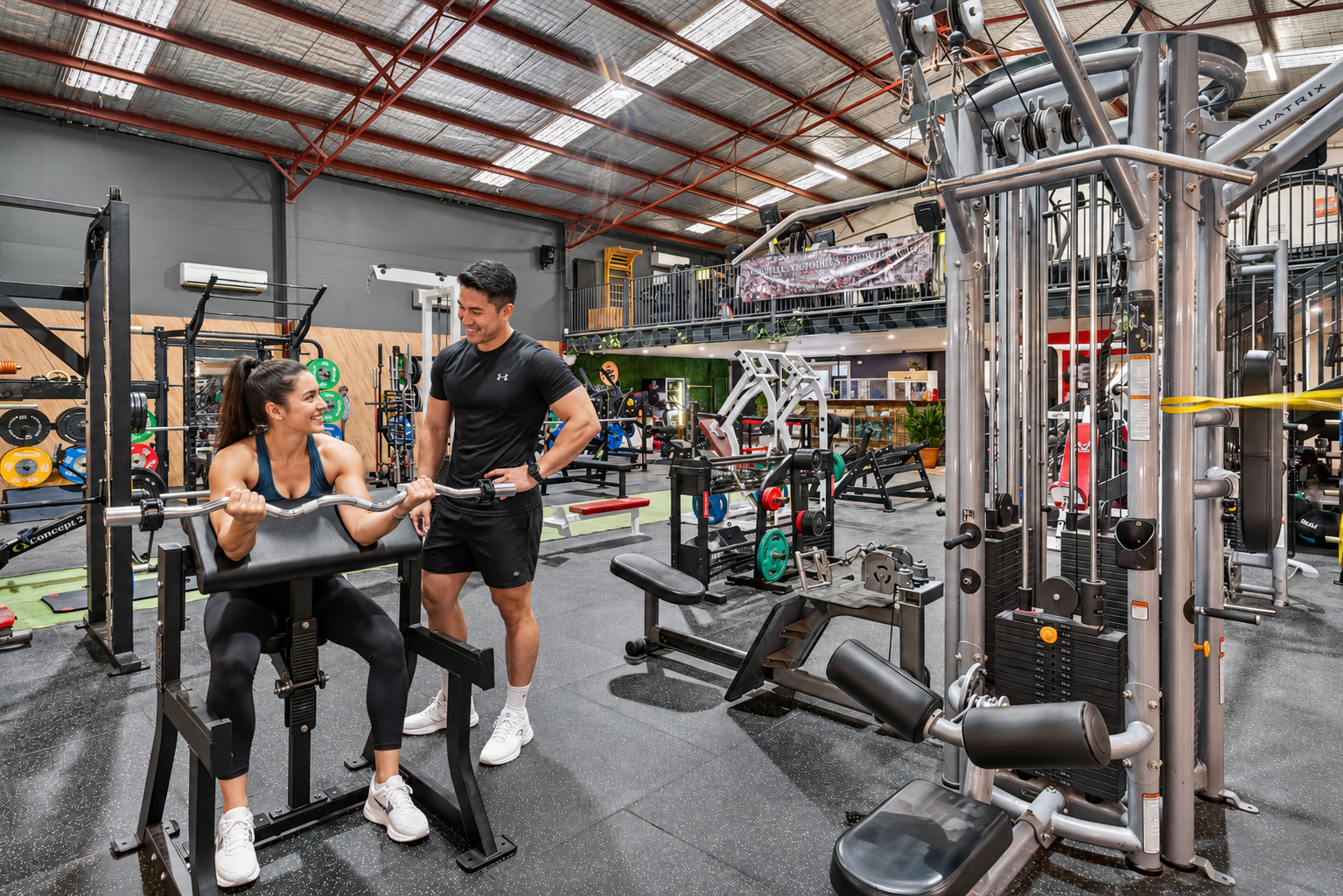 A woman and a man in a gym, with the woman sitting on a seated bicep curl machine and the man standing beside her, smiling. The gym has various workout equipment, weights, and machines in the background.