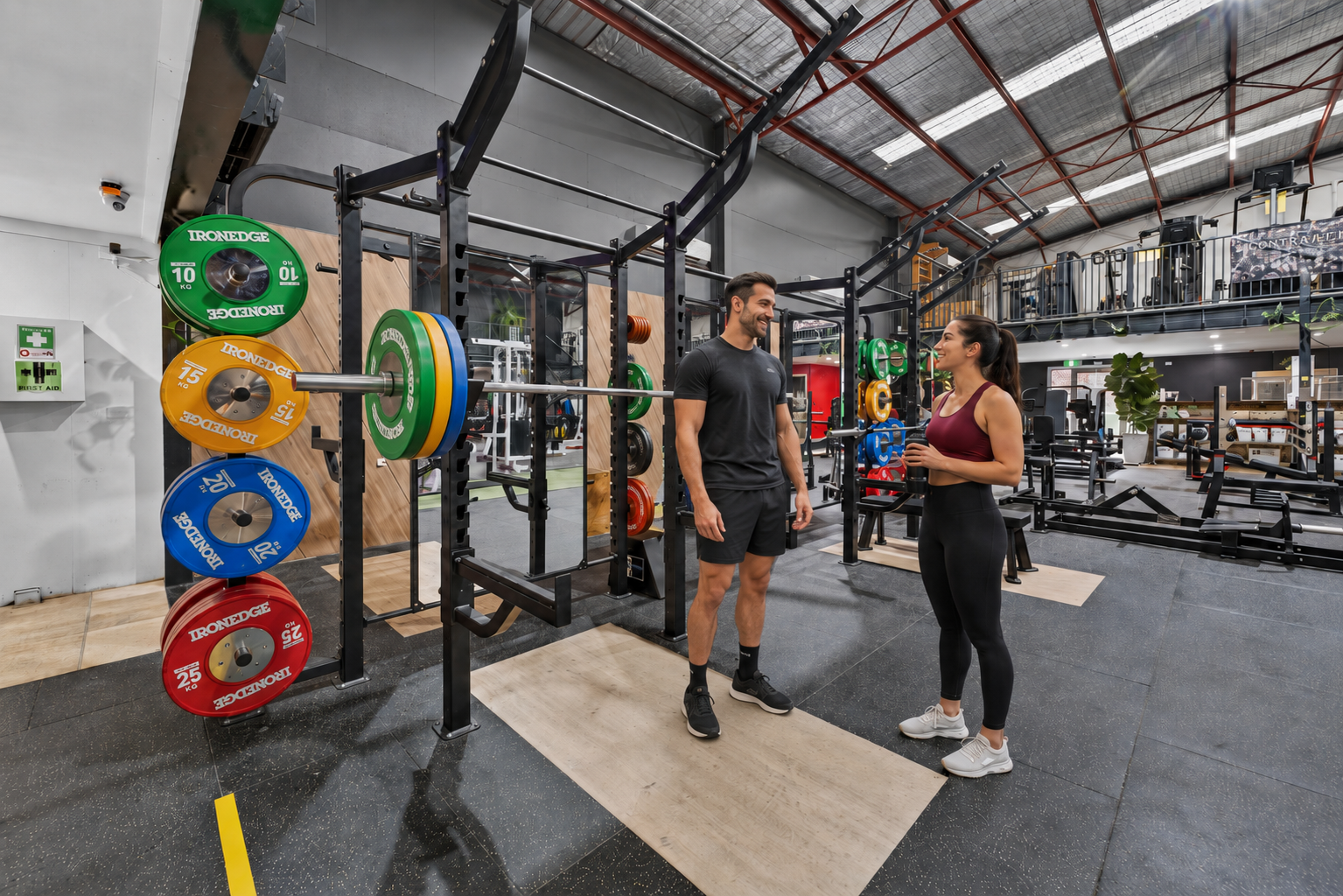A man and woman talking in a gym near weightlifting equipment and colorful weight plates.