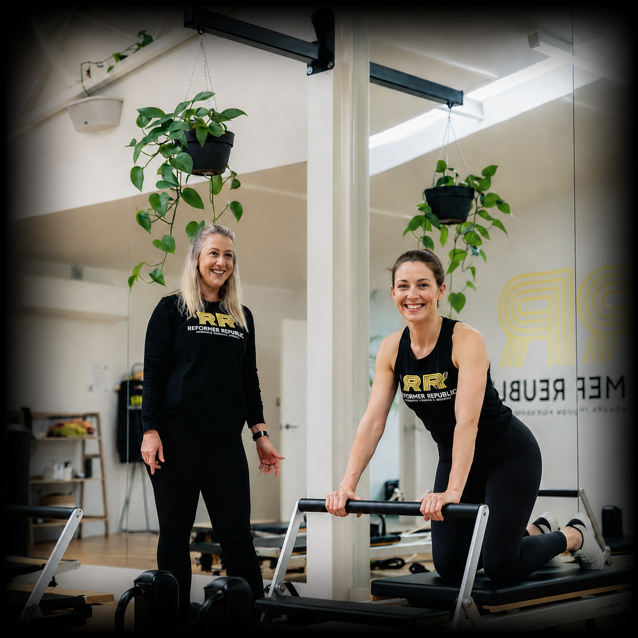 Two women at a fitness studio, one is smiling and standing, the other is on her knees holding onto a Pilates reformer machine, both wearing black workout clothes with 'RR' and 'Reformer Republic' logos, with plants hanging above them.