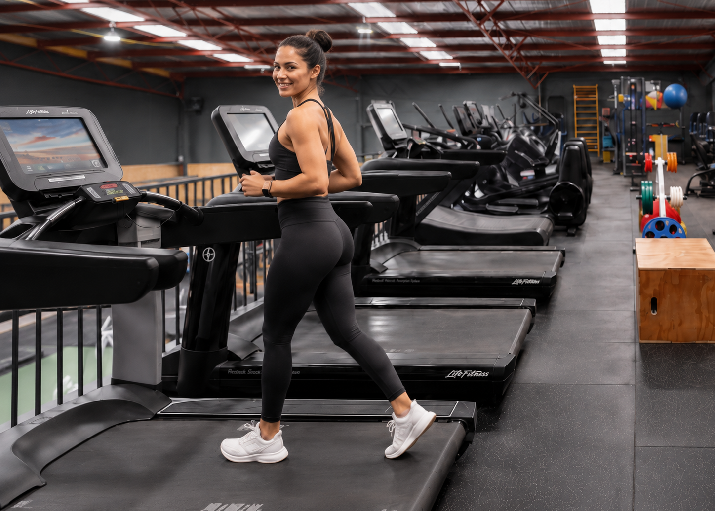 A woman in athletic wear walking on a treadmill in a gym with other exercise equipment visible in the background.