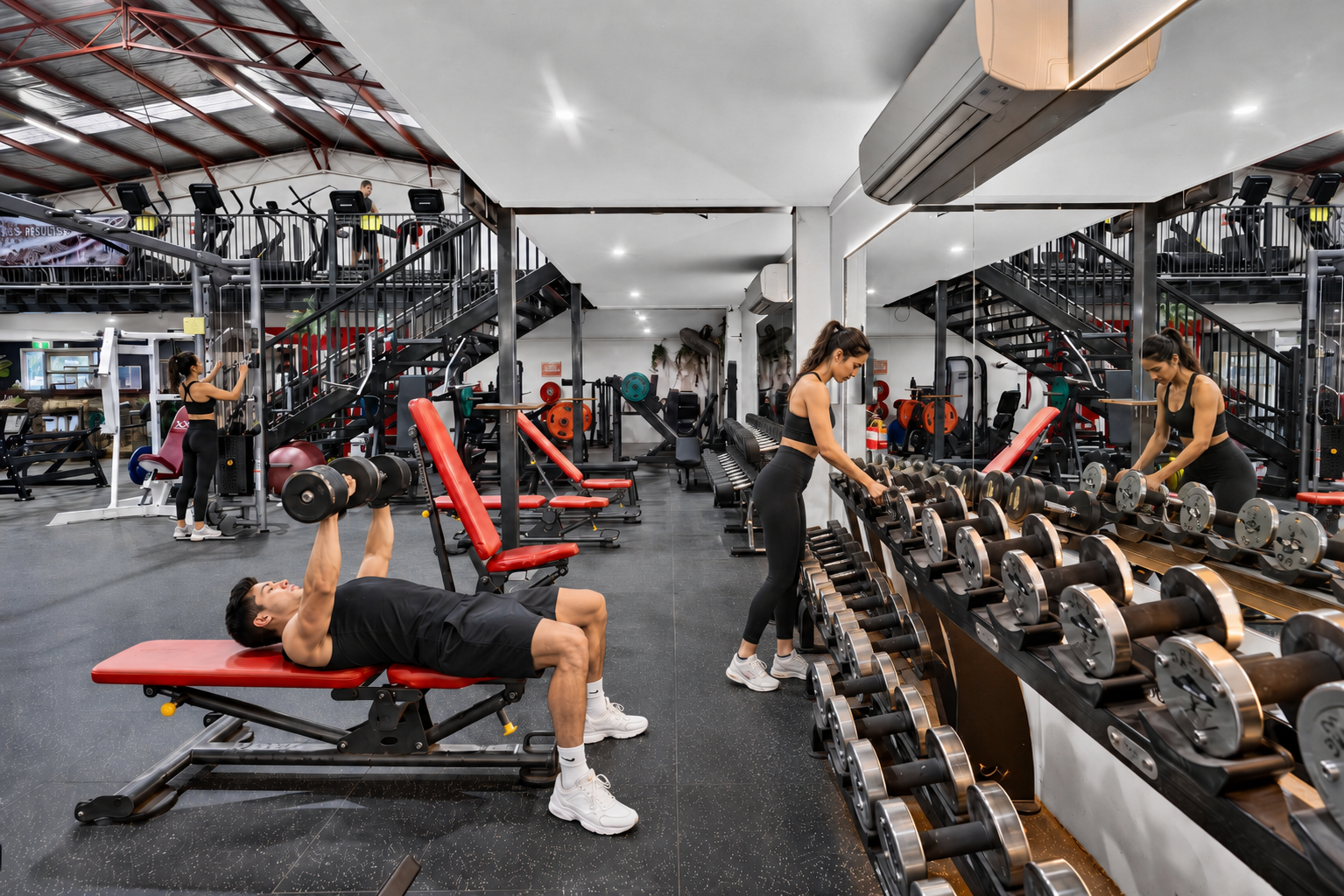 A gym with various workout equipment, including dumbbells, benches, and cardio machines. Several women are lifting weights, doing exercises, and working out, with a staircase leading to an upper level with more workout machines.