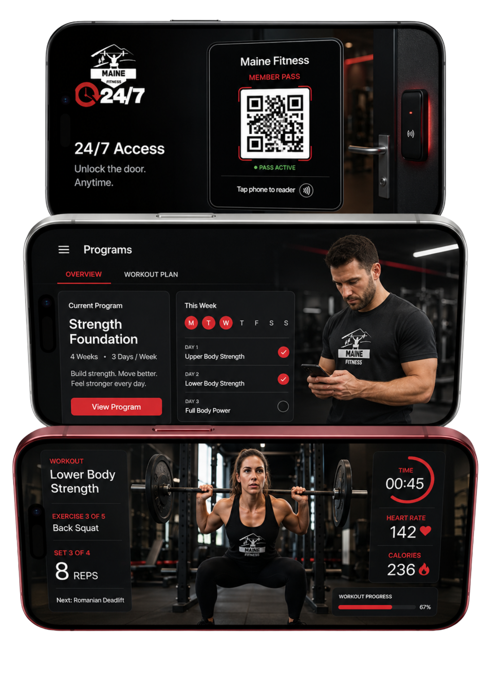 Smartphones displaying a gym app with workout programs, progress, and heart rate data at the gym.